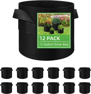 12 Pack 15 Gallon Grow Bags, Heavy Duty Thickened Non-Woven Aeration Fabric Plant Pots with Handles, Gardening Plant Growing Bags for Vegetable/Flower/Plant/Fruits, Black