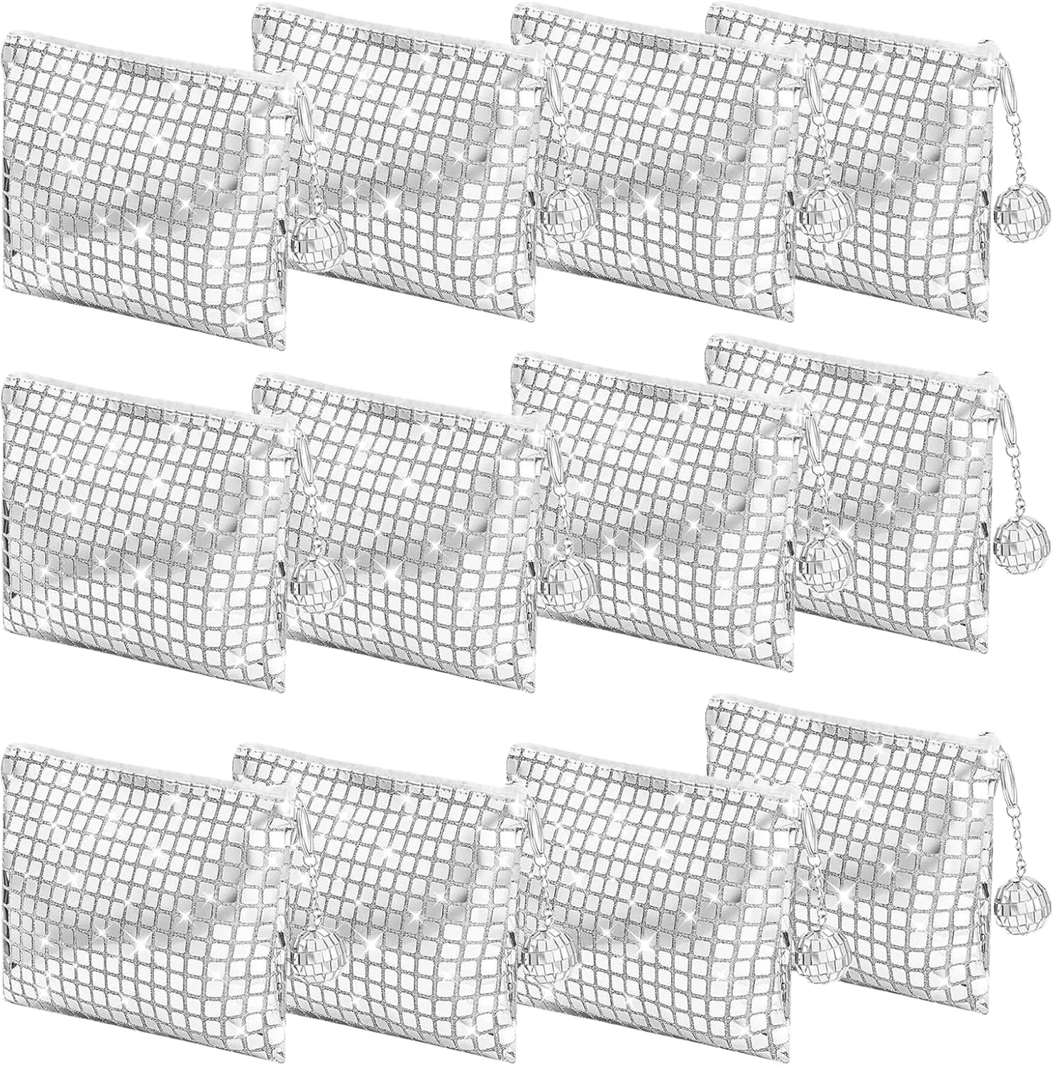 12 Pack Disco Cosmetics Bag,Makeup Bag, Portable Silver Sequins Glitter Mirror Foil Zipper Handbag with Disco Accessories Make Up Travel Bag Essentials 70s 80s 90s Disco Party Favors