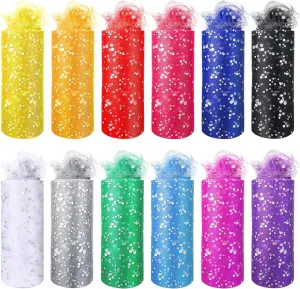 12 Pcs Rainbow Glitter Tulle Rolls 6 Inch by 10 Yards 30 Feet Glitter Tulle Rolls Fabric with Shiny Sequin Craft Fabric for Table Chair Sash Bow Pet Tutu Skirt Sewing Wedding Birthday Ribbon