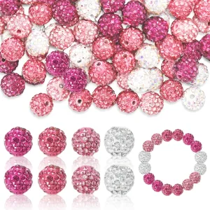 120Pcs 10mm Rhinestone Craft Clay Bead Shiny Pink White Loose Jewelry Making Bead 4 Colors Disco Round Spacer Bead for DIY Necklace Bracelet Keychain