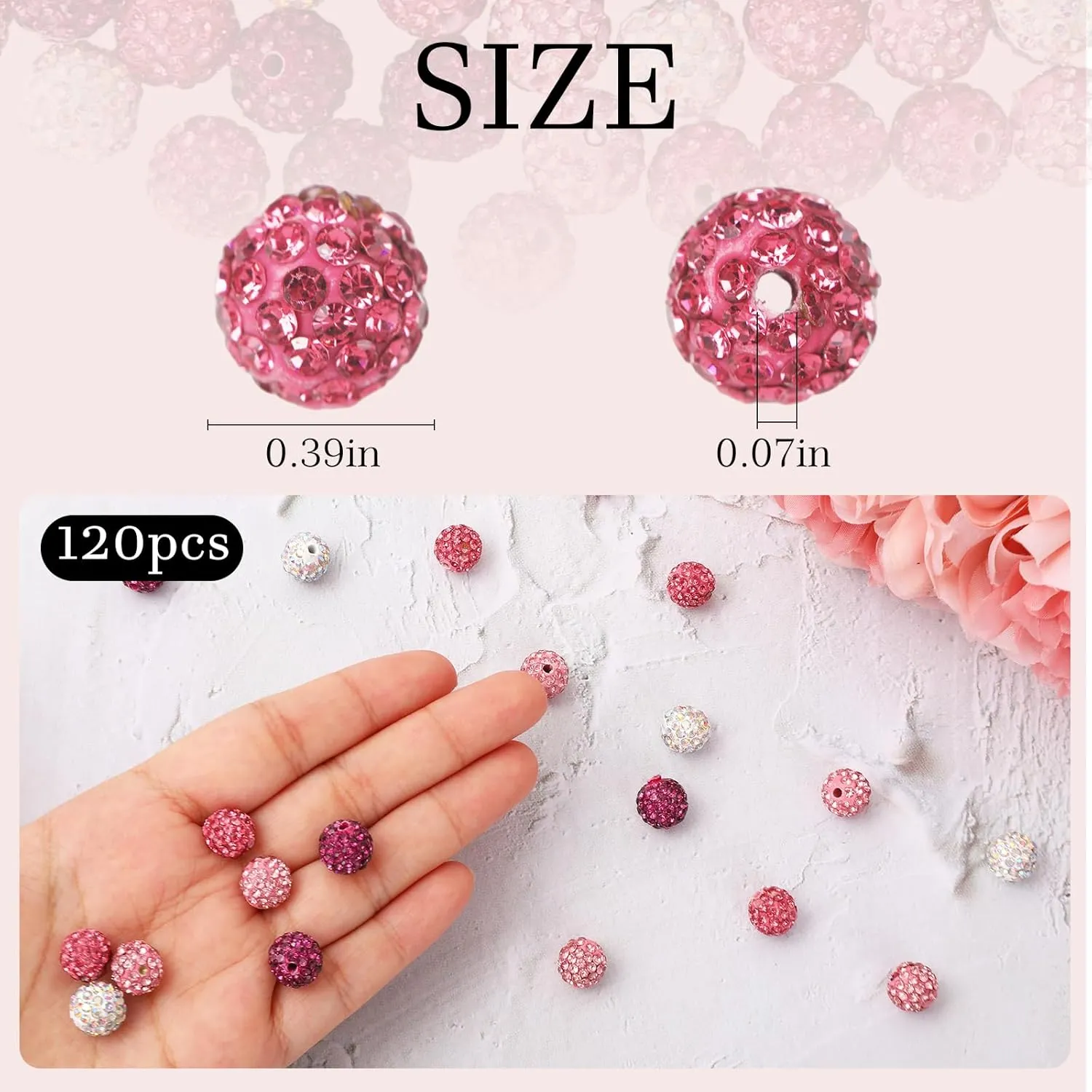 120Pcs 10mm Rhinestone Craft Clay Bead Shiny Pink White Loose Jewelry Making Bead 4 Colors Disco Round Spacer Bead for DIY Necklace Bracelet Keychain