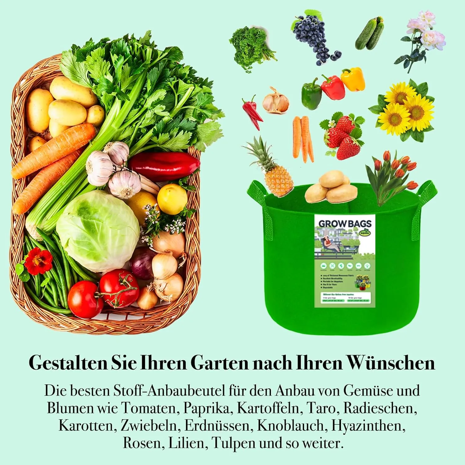 15 Gallon Grow Bags, Colorful Grow Bags 15Gal Fabric Planters Grow Bags, Fabric Plant Grow Bags Garden Bgas Fabric Pots Tomato Planter Bags for Vegetables Flowers, 5-Pack