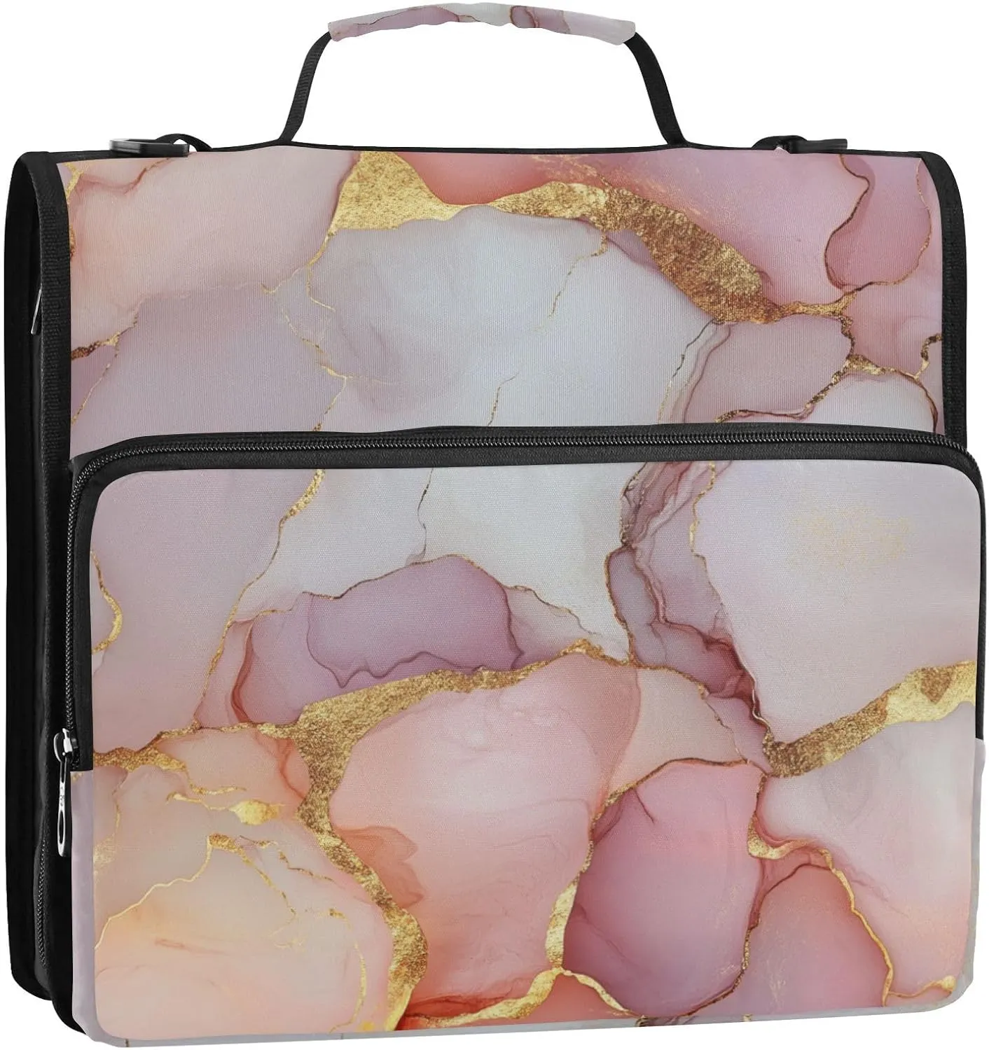 1.5 Inch 3 Rings Zippered Binder Bag with Handle and Removable Shoulder Strap Multi-Pocket School Binders Organizer for School/Office Marble White Blush
