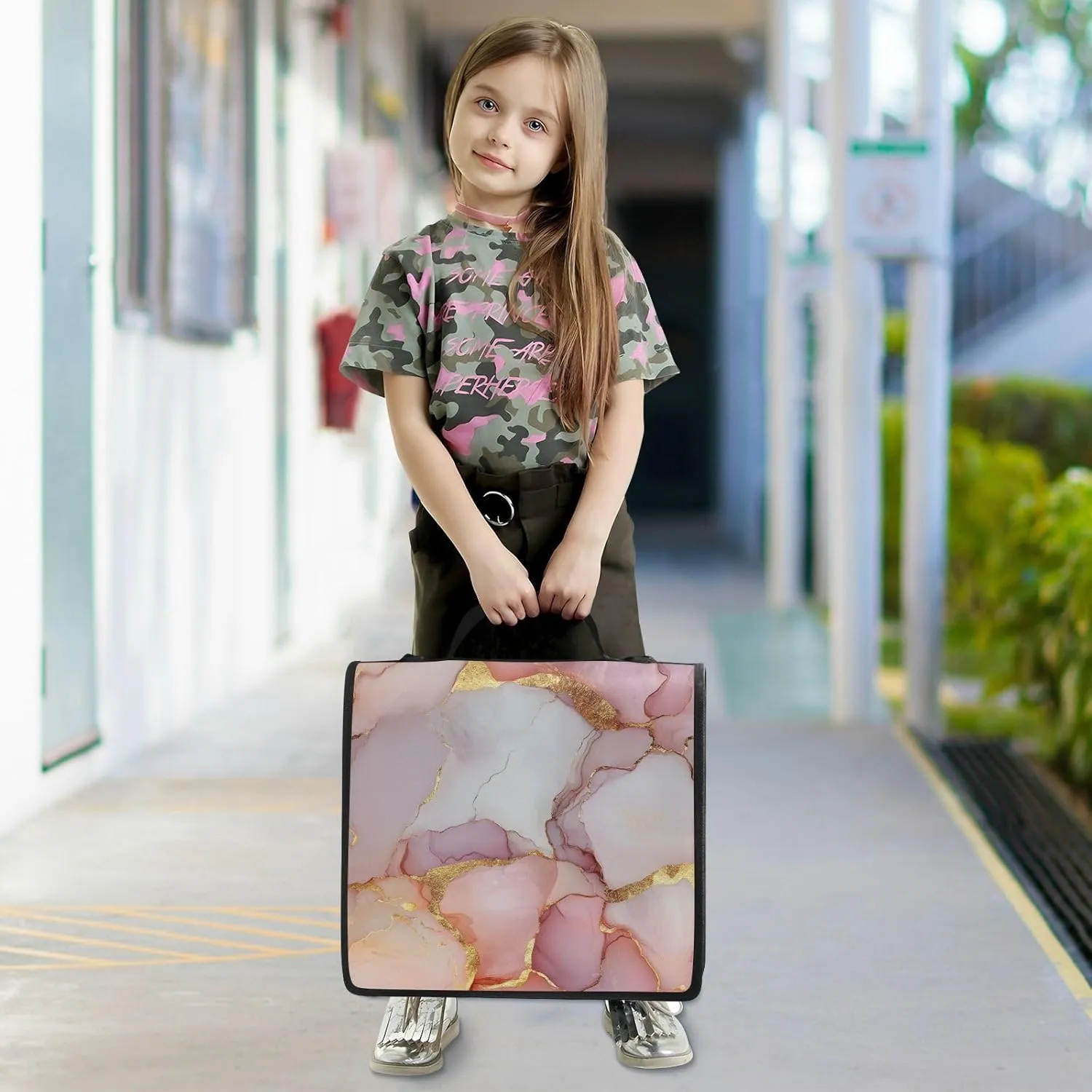 1.5 Inch 3 Rings Zippered Binder Bag with Handle and Removable Shoulder Strap Multi-Pocket School Binders Organizer for School/Office Marble White Blush