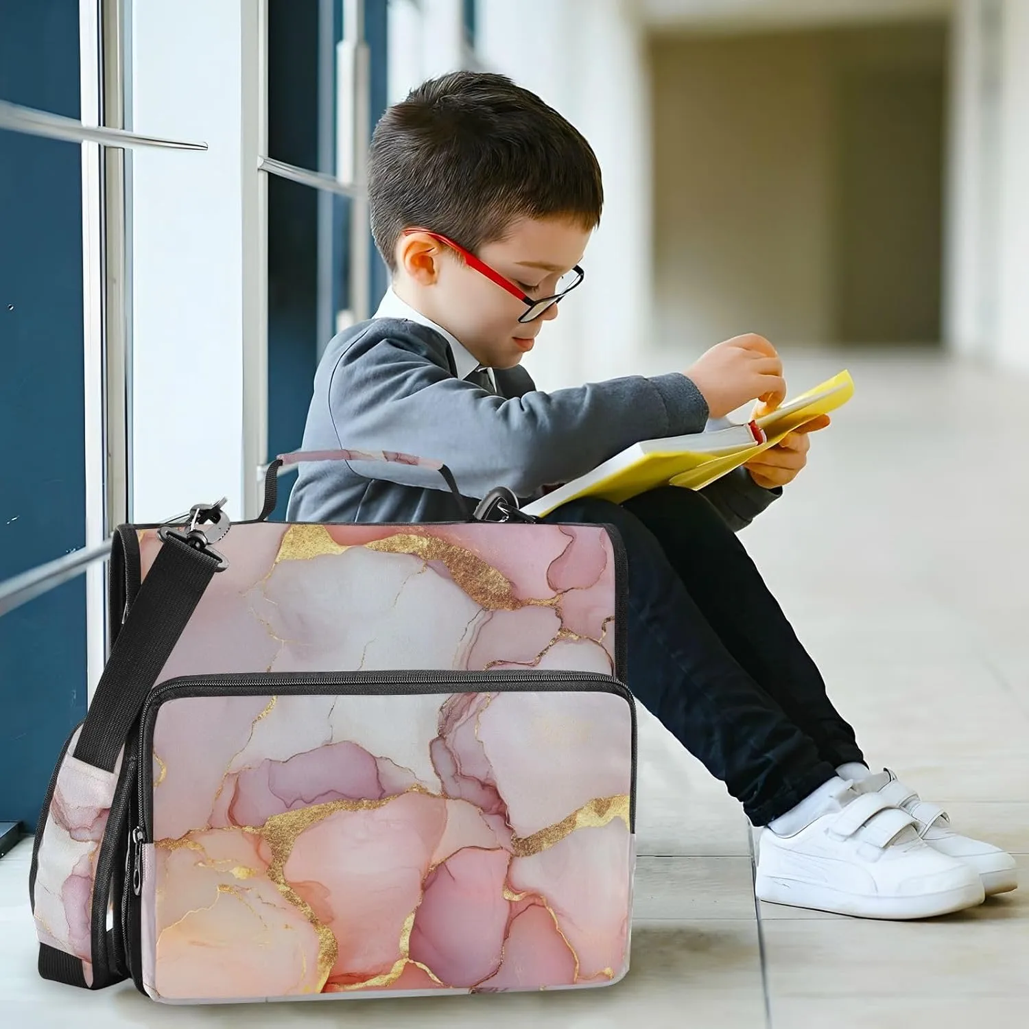 1.5 Inch 3 Rings Zippered Binder Bag with Handle and Removable Shoulder Strap Multi-Pocket School Binders Organizer for School/Office Marble White Blush
