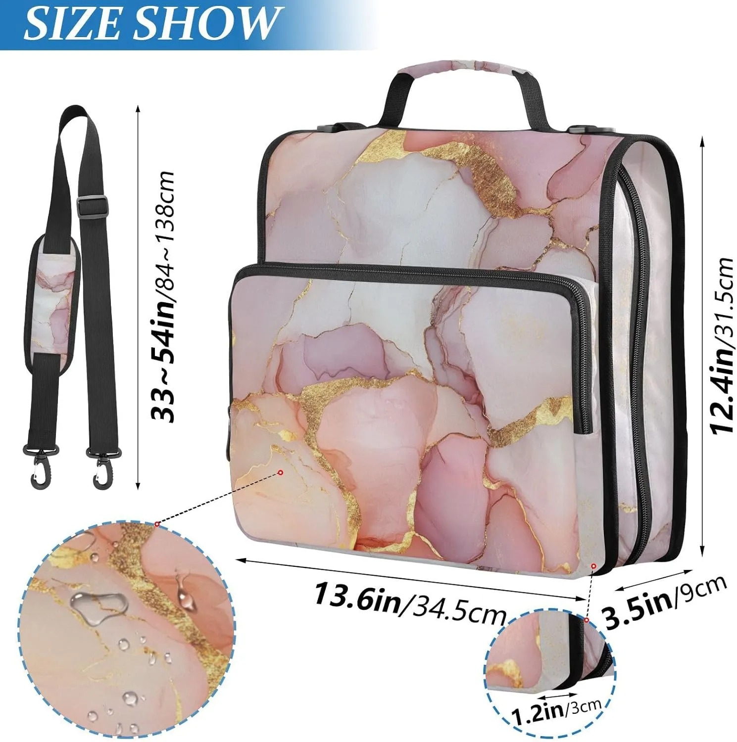 1.5 Inch 3 Rings Zippered Binder Bag with Handle and Removable Shoulder Strap Multi-Pocket School Binders Organizer for School/Office Marble White Blush