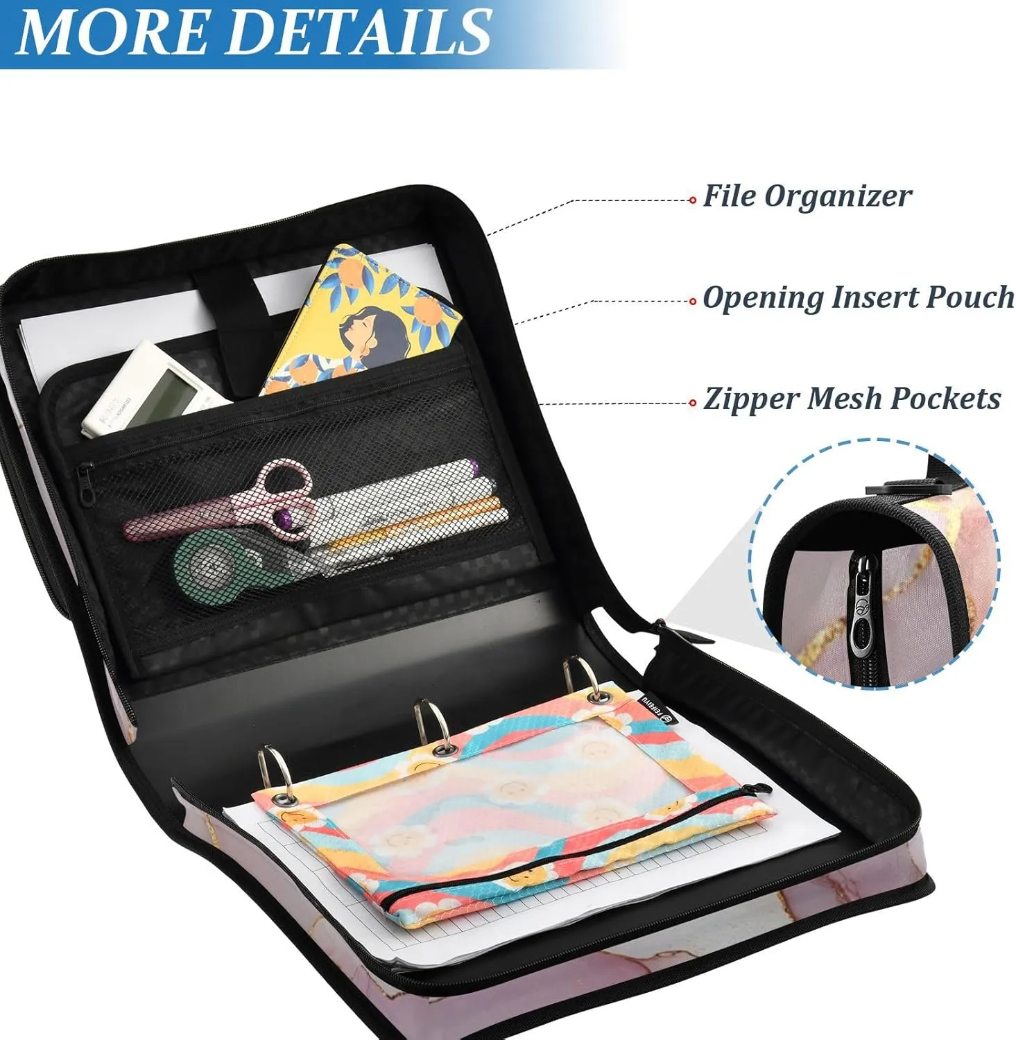 1.5 Inch 3 Rings Zippered Binder Bag with Handle and Removable Shoulder Strap Multi-Pocket School Binders Organizer for School/Office Marble White Blush