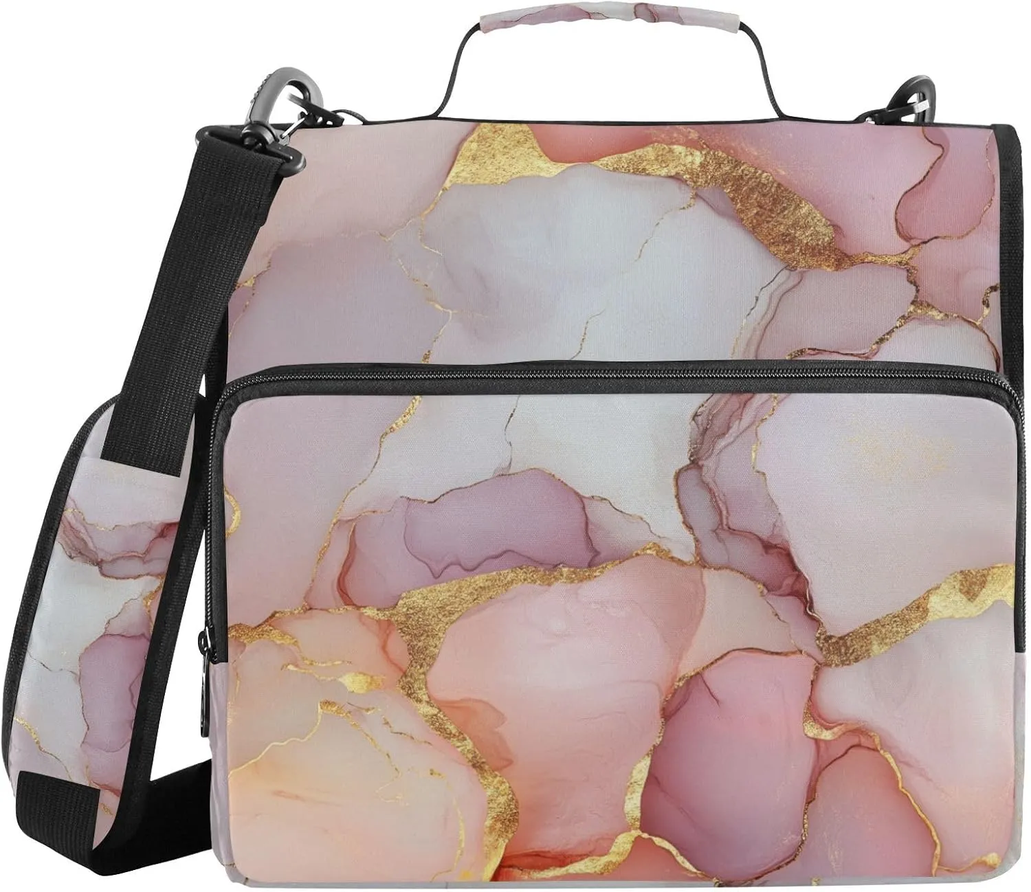 1.5 Inch 3 Rings Zippered Binder Bag with Handle and Removable Shoulder Strap Multi-Pocket School Binders Organizer for School/Office Marble White Blush
