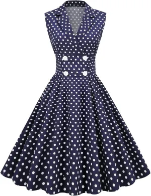 1950s Dresses for Women Vintage Elegant Short Puff Sleeve Polka Dot Patchwork Knee Length Cocktail Party Dress