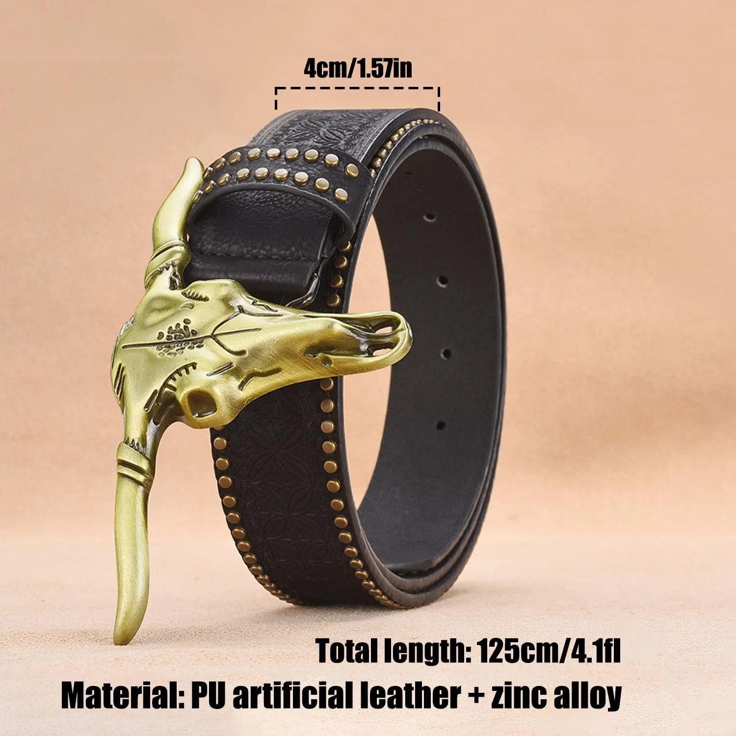 1PCS Western Cowboy Belt Buckles for Men PU Leather Buckle Belt Vintage Bullhead Belt 125cm/4.1ft
