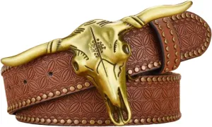 1PCS Western Cowboy Belt Buckles for Men PU Leather Buckle Belt Vintage Bullhead Belt 125cm/4.1ft