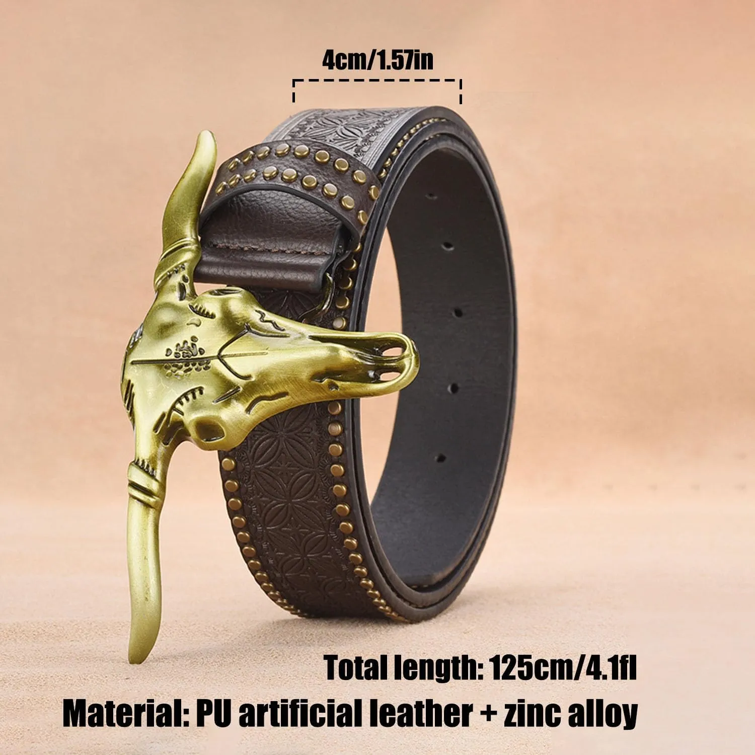 1PCS Western Cowboy Belt Buckles for Men PU Leather Buckle Belt Vintage Bullhead Belt 125cm/4.1ft