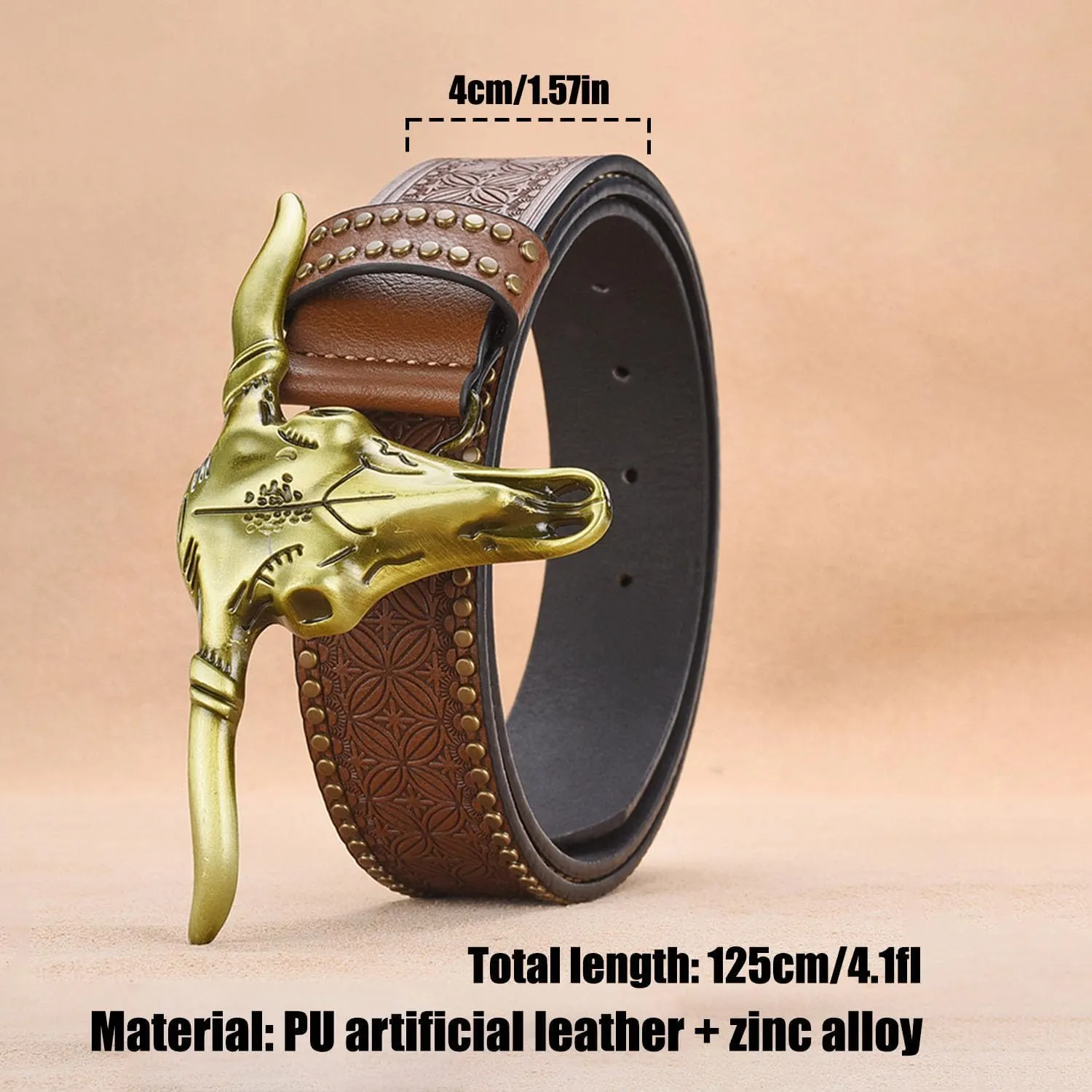 1PCS Western Cowboy Belt Buckles for Men PU Leather Buckle Belt Vintage Bullhead Belt 125cm/4.1ft