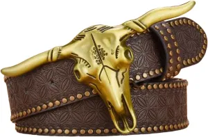 1PCS Western Cowboy Belt Buckles for Men PU Leather Buckle Belt Vintage Bullhead Belt 125cm/4.1ft