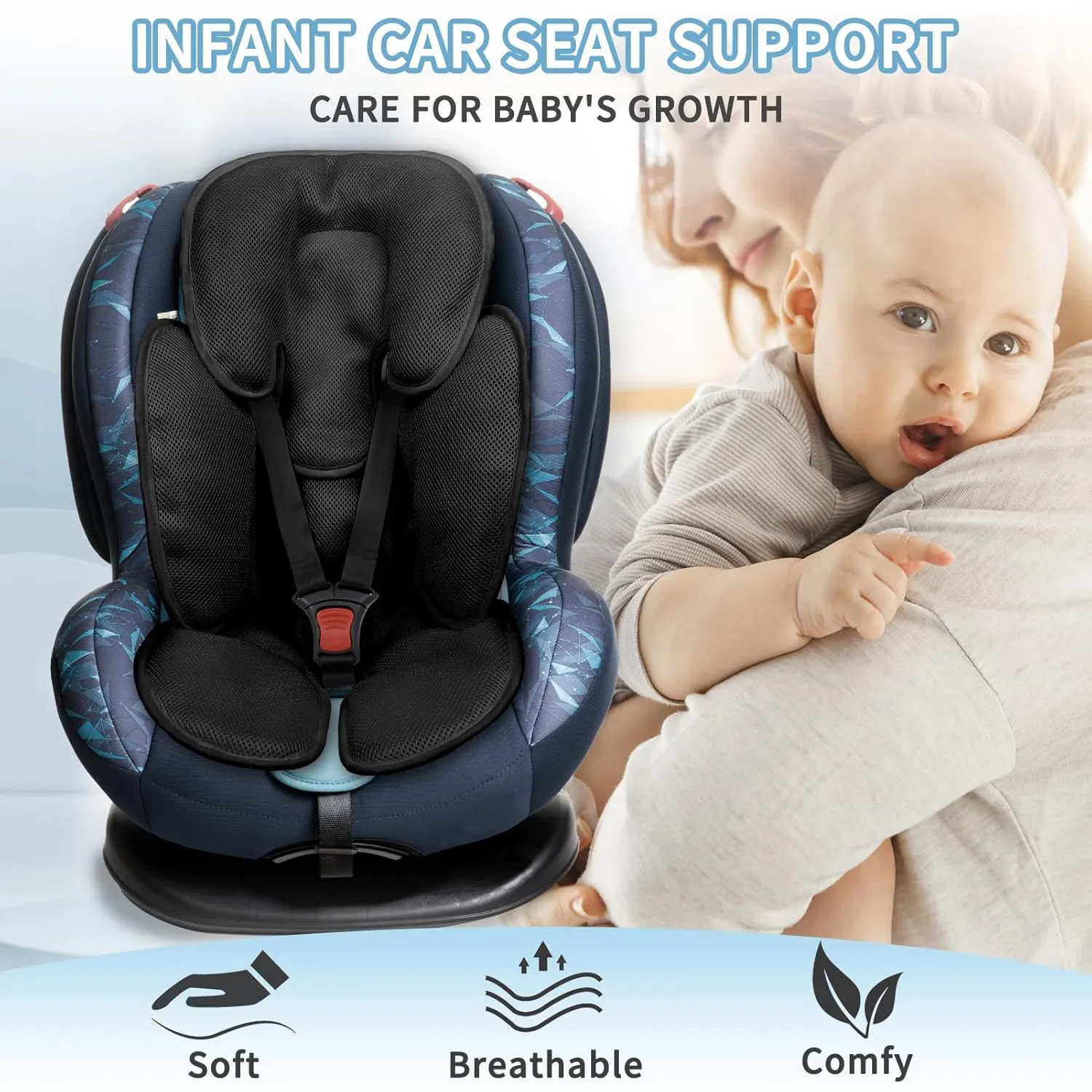 2-in-1 Baby Carseat Head Support, Infant Car Seat Insert for Girls Boys, Soft Baby Neck Support and Body Cushion for Stroller, Baby Swing, Bouncer (Black)