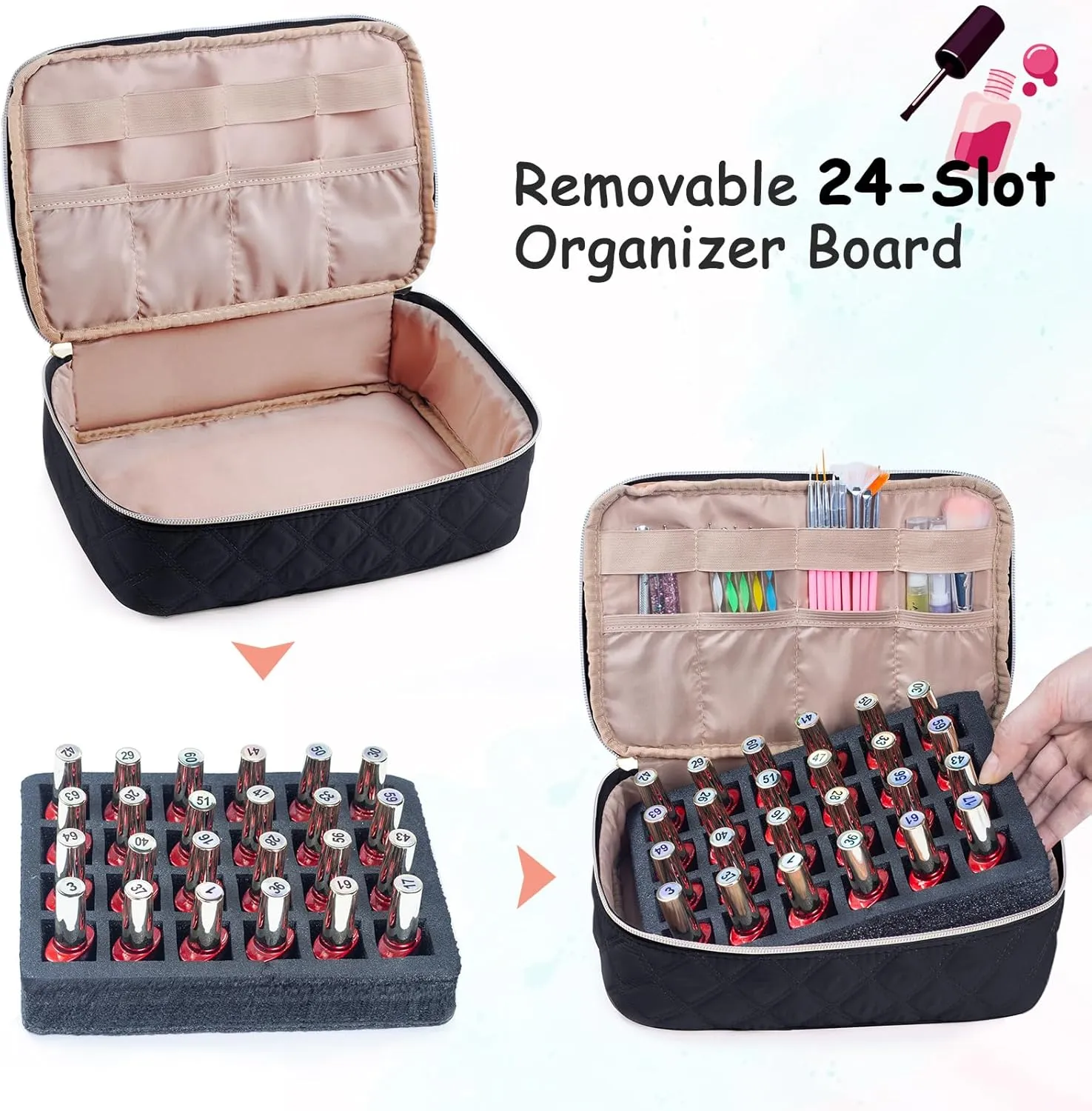 2-in-1 Nail Polish Organizer Case – Holds 48 Bottles, Nail Supplies & Manicure Tools – Portable Nail Tech Storage Bag with Removable Slots, Travel Nail Kit Carrying Case