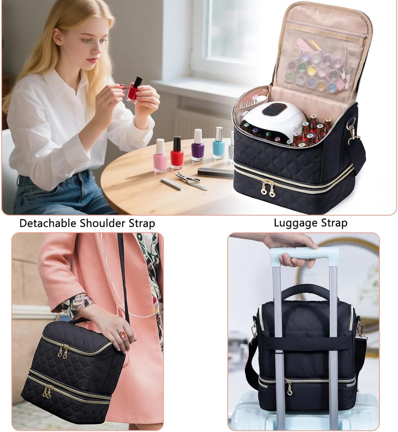 2-in-1 Nail Polish Organizer Case – Holds 48 Bottles, Nail Supplies & Manicure Tools – Portable Nail Tech Storage Bag with Removable Slots, Travel Nail Kit Carrying Case