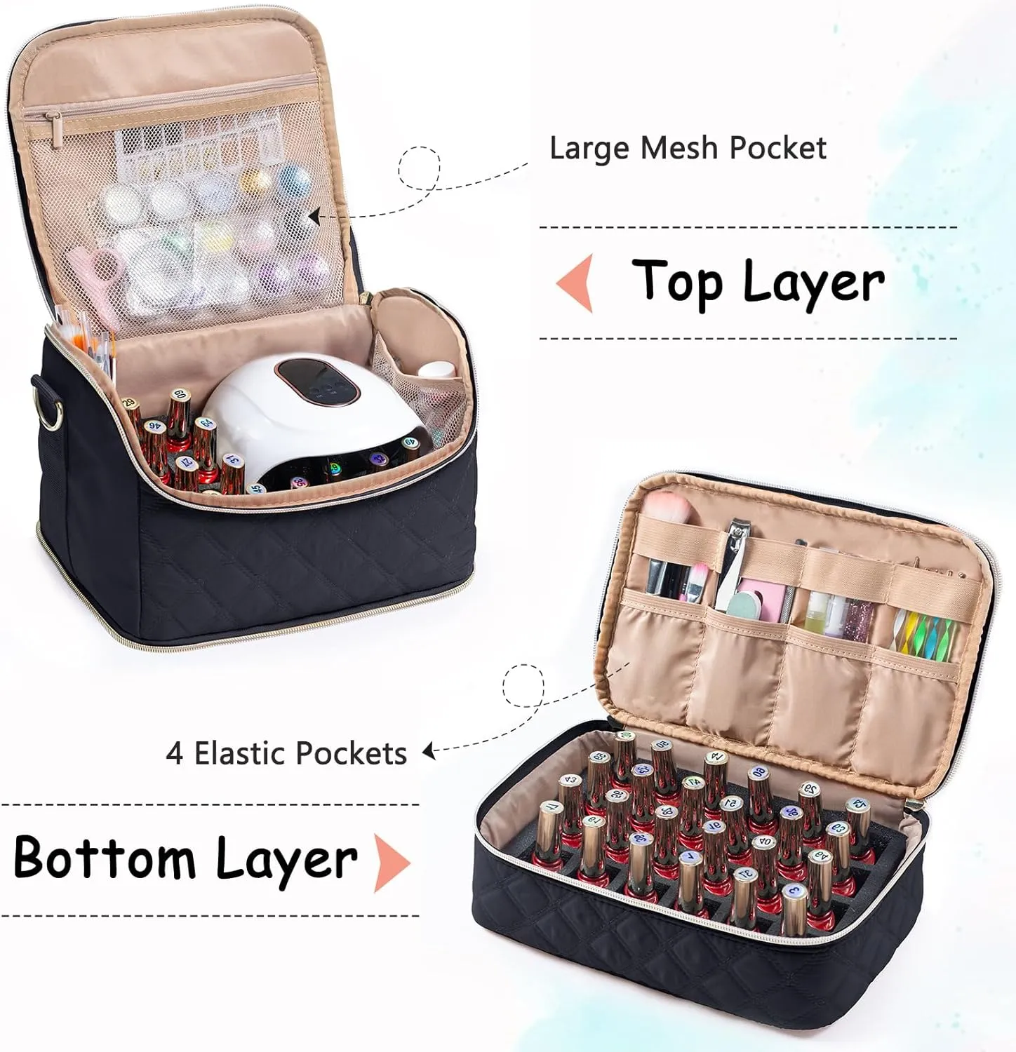 2-in-1 Nail Polish Organizer Case – Holds 48 Bottles, Nail Supplies & Manicure Tools – Portable Nail Tech Storage Bag with Removable Slots, Travel Nail Kit Carrying Case