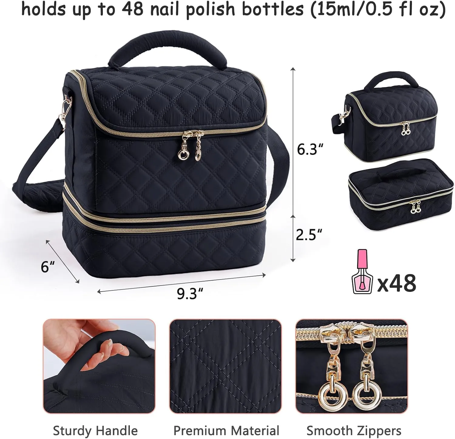 2-in-1 Nail Polish Organizer Case – Holds 48 Bottles, Nail Supplies & Manicure Tools – Portable Nail Tech Storage Bag with Removable Slots, Travel Nail Kit Carrying Case
