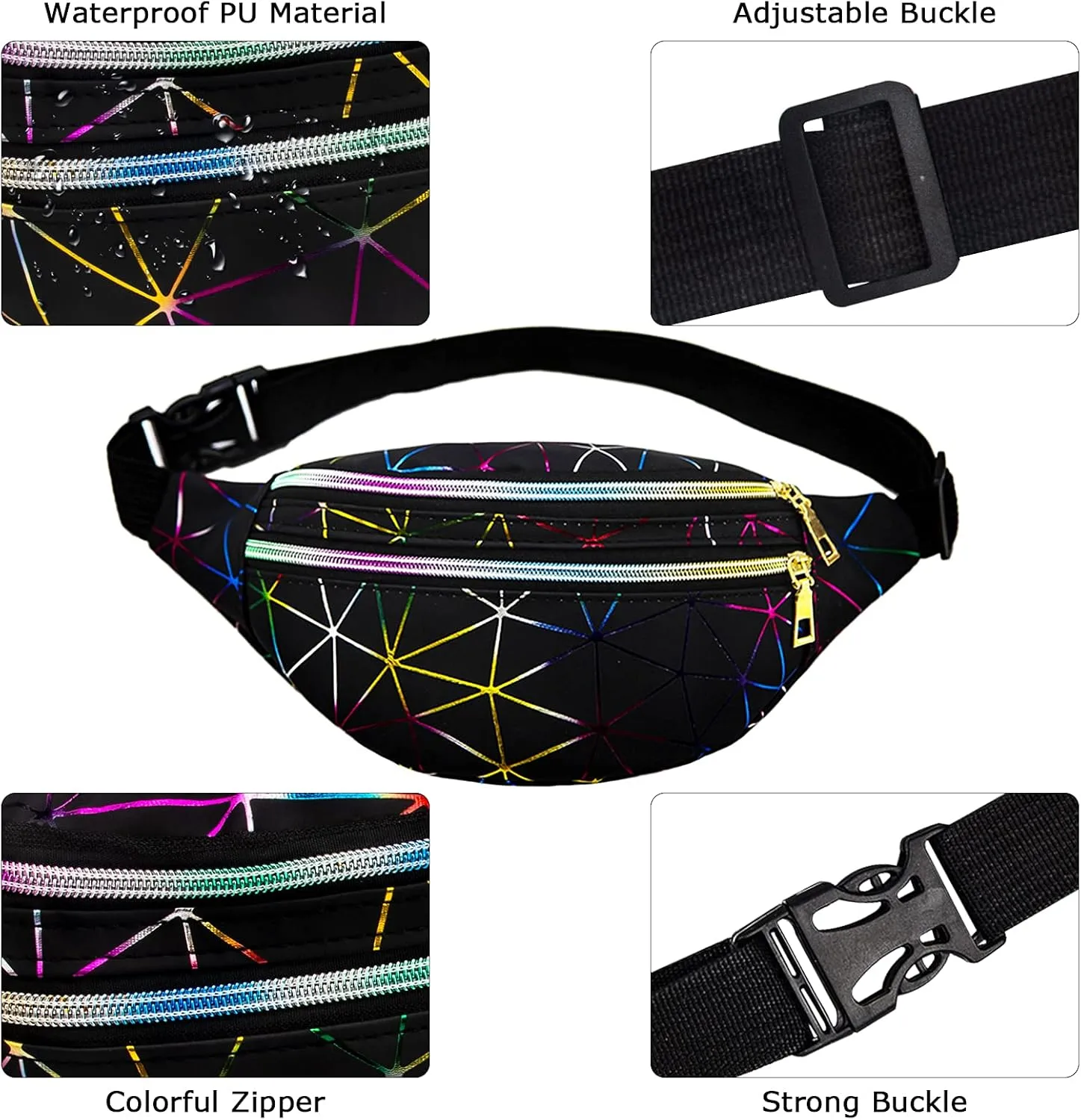 2 Pieces Holographic Fanny Packs Fashionable Waist Packs Shiny Waterproof Belt Bag for Women Men for Travel Party Festival Running