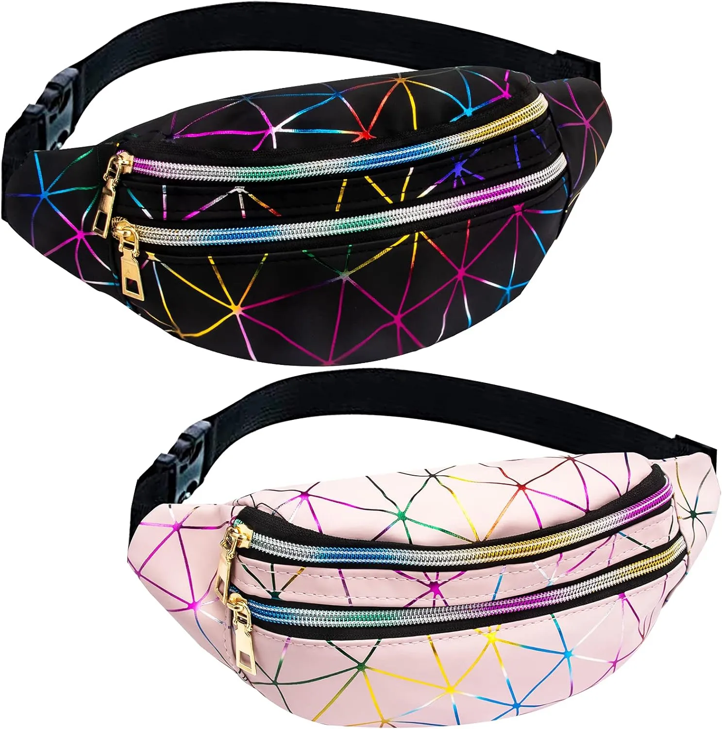 2 Pieces Holographic Fanny Packs Fashionable Waist Packs Shiny Waterproof Belt Bag for Women Men for Travel Party Festival Running
