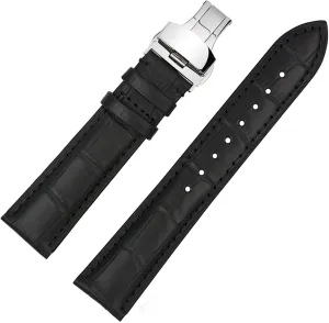 20mm Genuine Leather Deployment Buckle Clasp Watch Band Strap for Accutron GMT Black