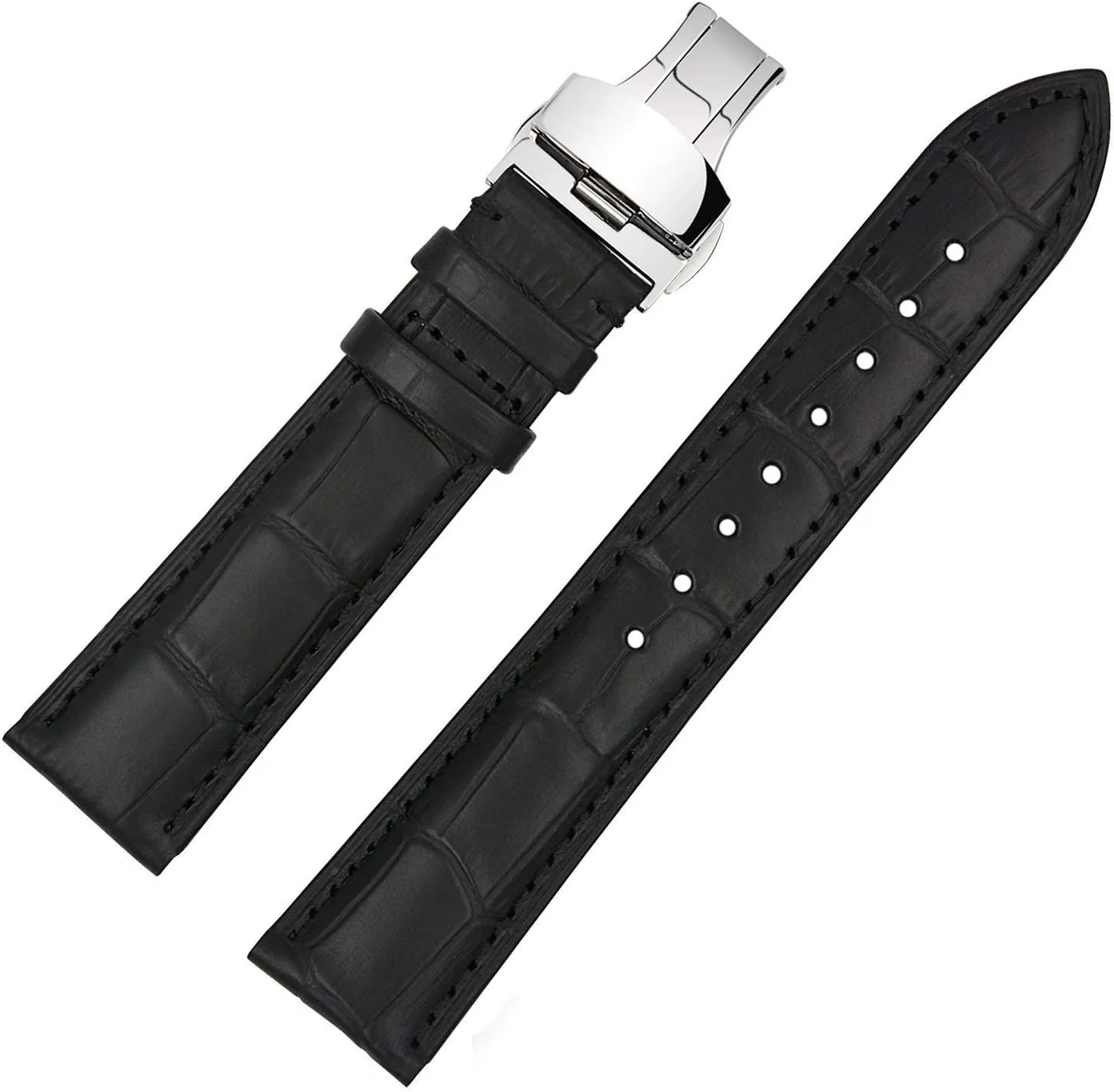 20mm Genuine Leather Deployment Buckle Clasp Watch Band Strap for Accutron GMT Black