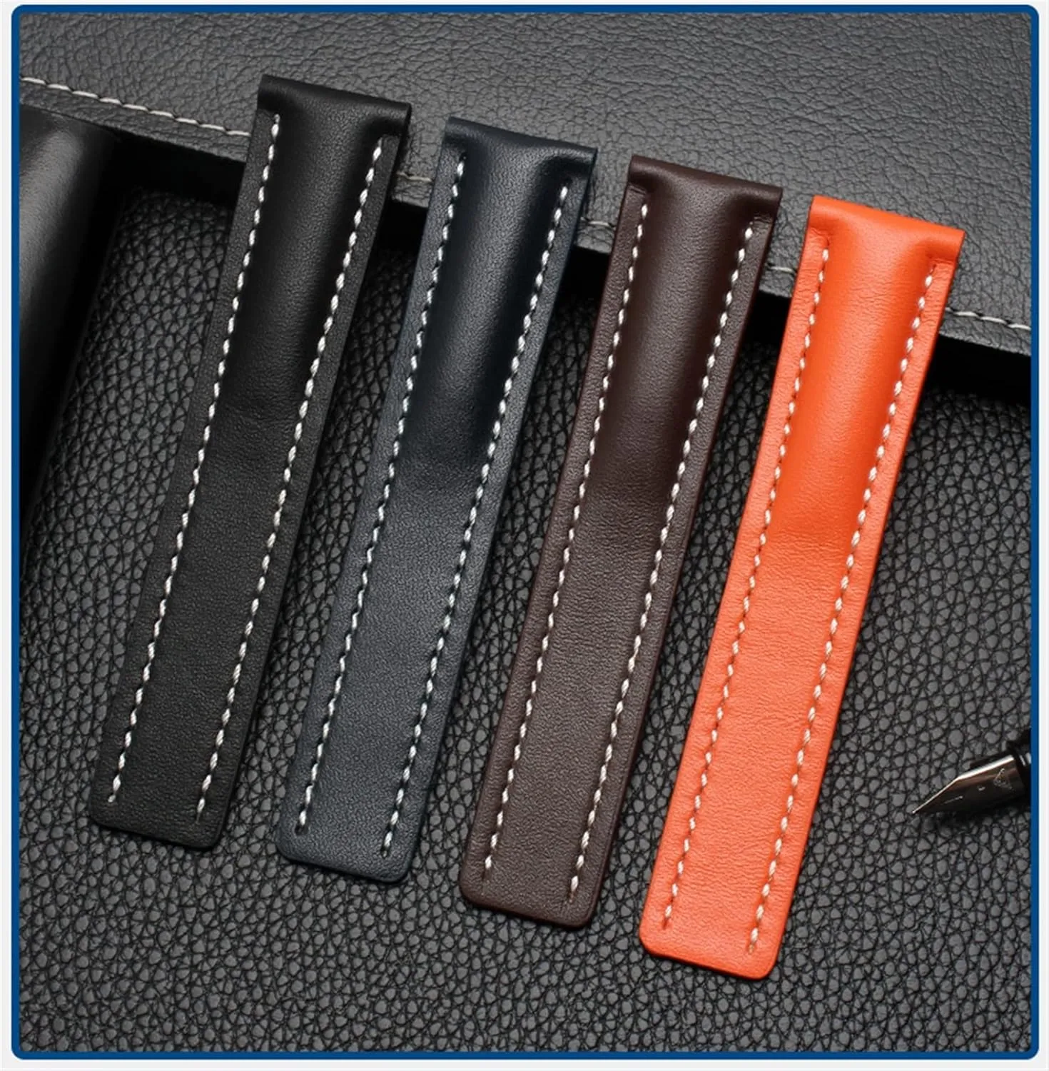 22mm 24mm Genuine Leather Strap Watch Band for Breitling Mens Watch Cow Leather Bracelet with Deployment Buckle