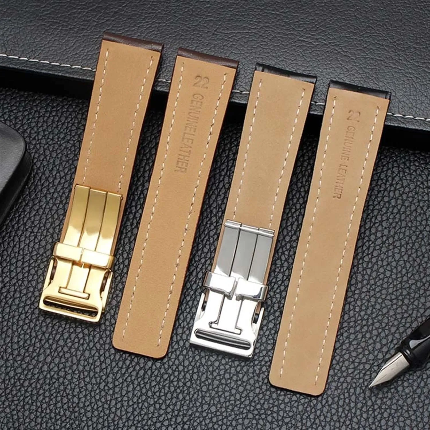 22mm 24mm Genuine Leather Strap Watch Band for Breitling Mens Watch Cow Leather Bracelet with Deployment Buckle