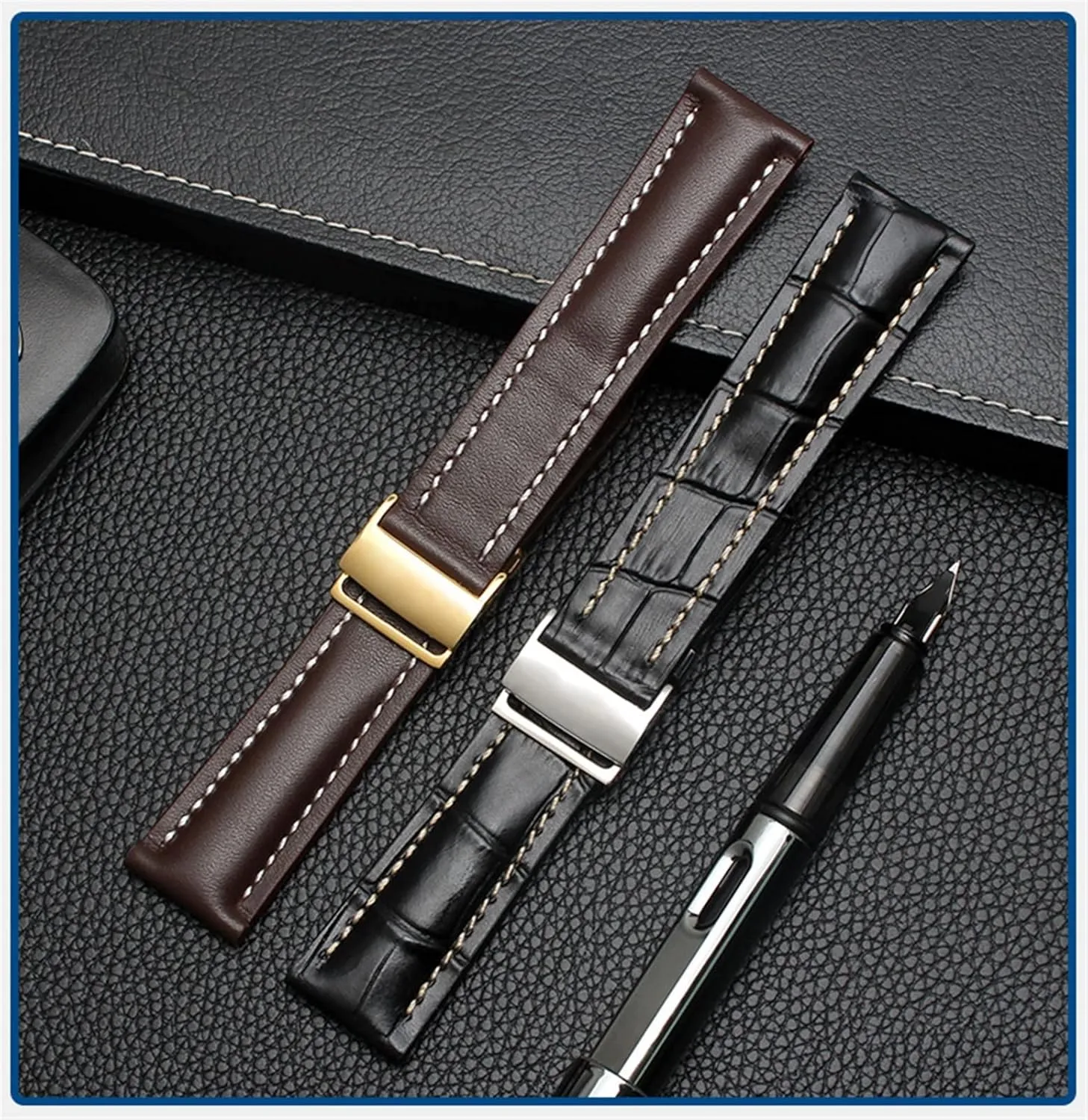 22mm 24mm Genuine Leather Strap Watch Band for Breitling Mens Watch Cow Leather Bracelet with Deployment Buckle
