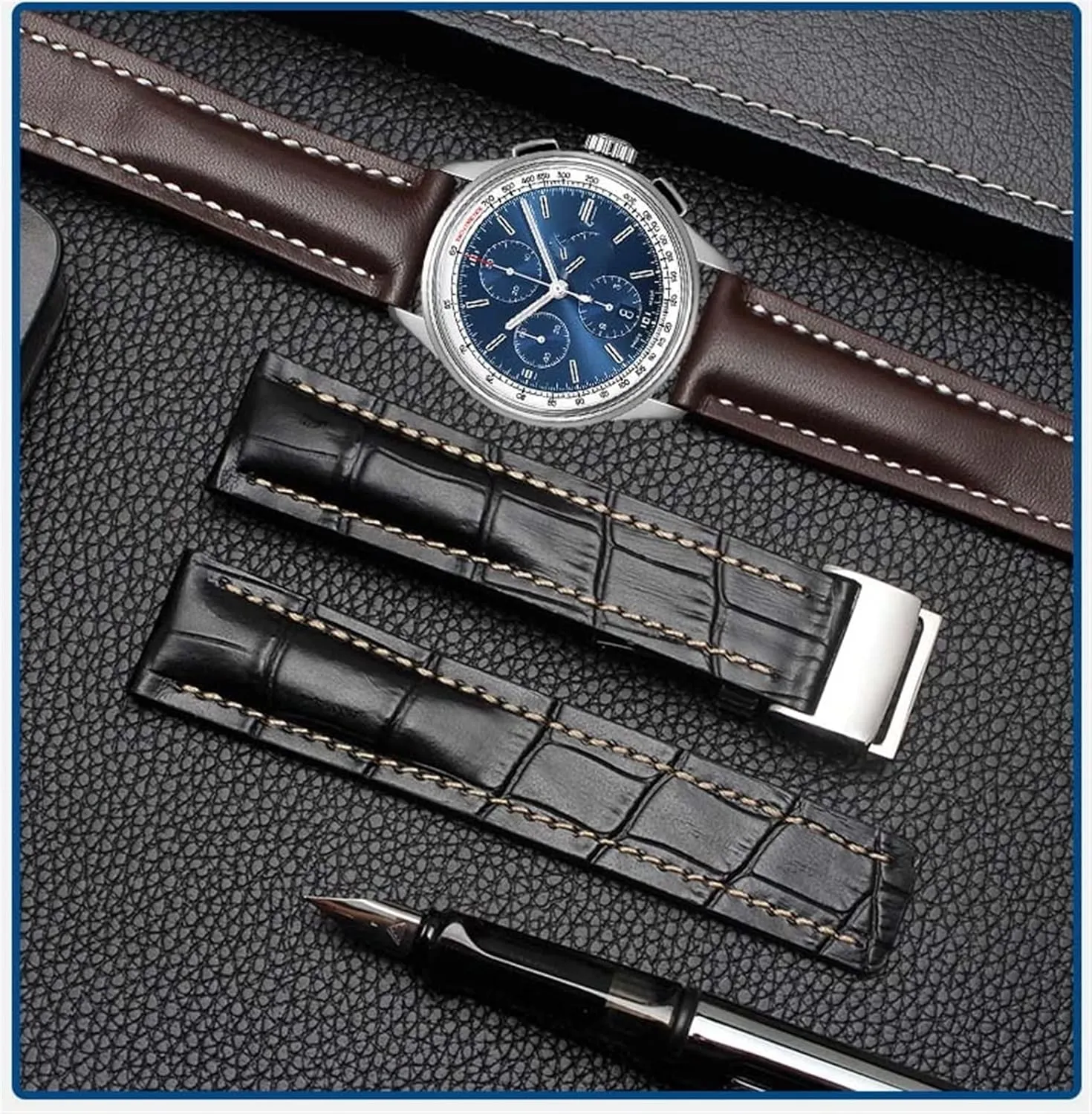 22mm 24mm Genuine Leather Strap Watch Band for Breitling Mens Watch Cow Leather Bracelet with Deployment Buckle