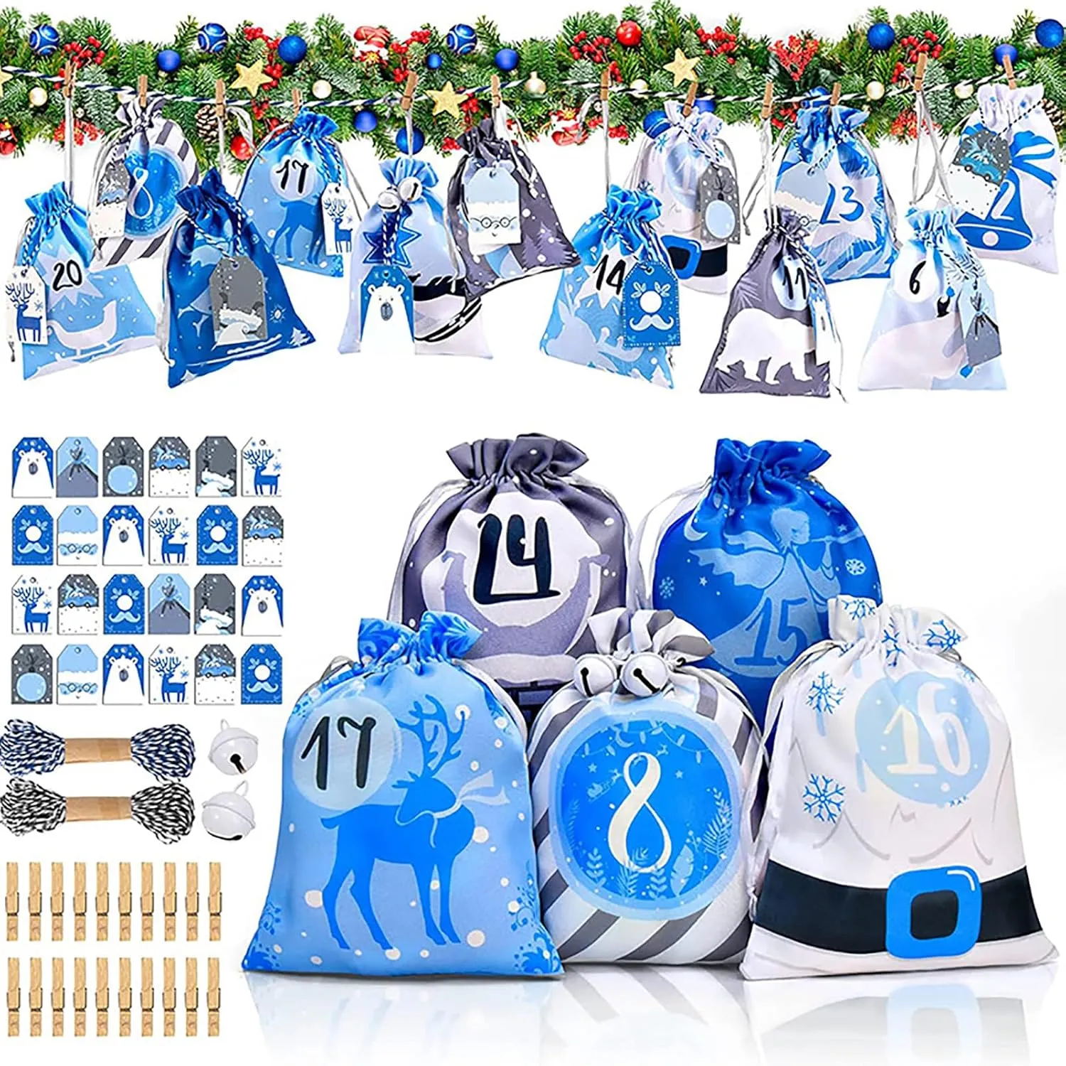 24 Piece Christmas Advent Calendar Bags Set, Reusable Fabric DIY Gift Bags Holiday Festival Drawstring Candy Fill Sacks Hanging Countdown Calendar Favors Bags for DIY Christmas Tree Decor