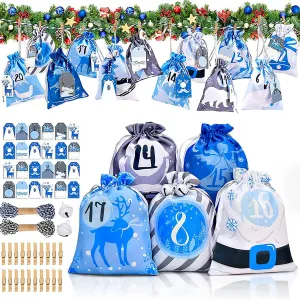 24 Piece Christmas Advent Calendar Bags Set, Reusable Fabric DIY Gift Bags Holiday Festival Drawstring Candy Fill Sacks Hanging Countdown Calendar Favors Bags for DIY Christmas Tree Decor