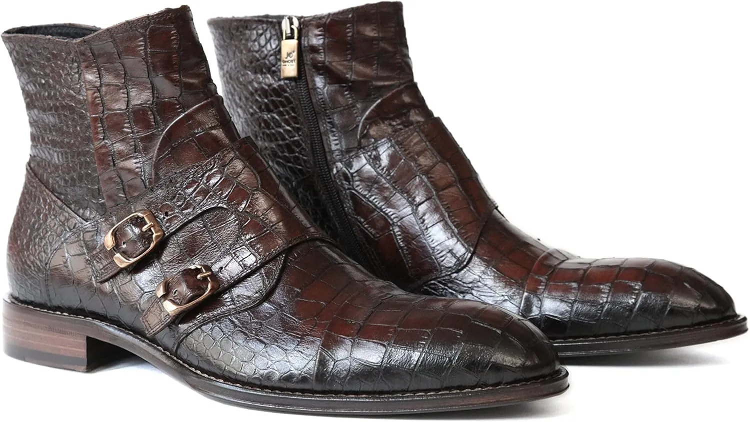 2994 Italian Brown Croco Print Leather Boot With 2 Buckles/Zipper