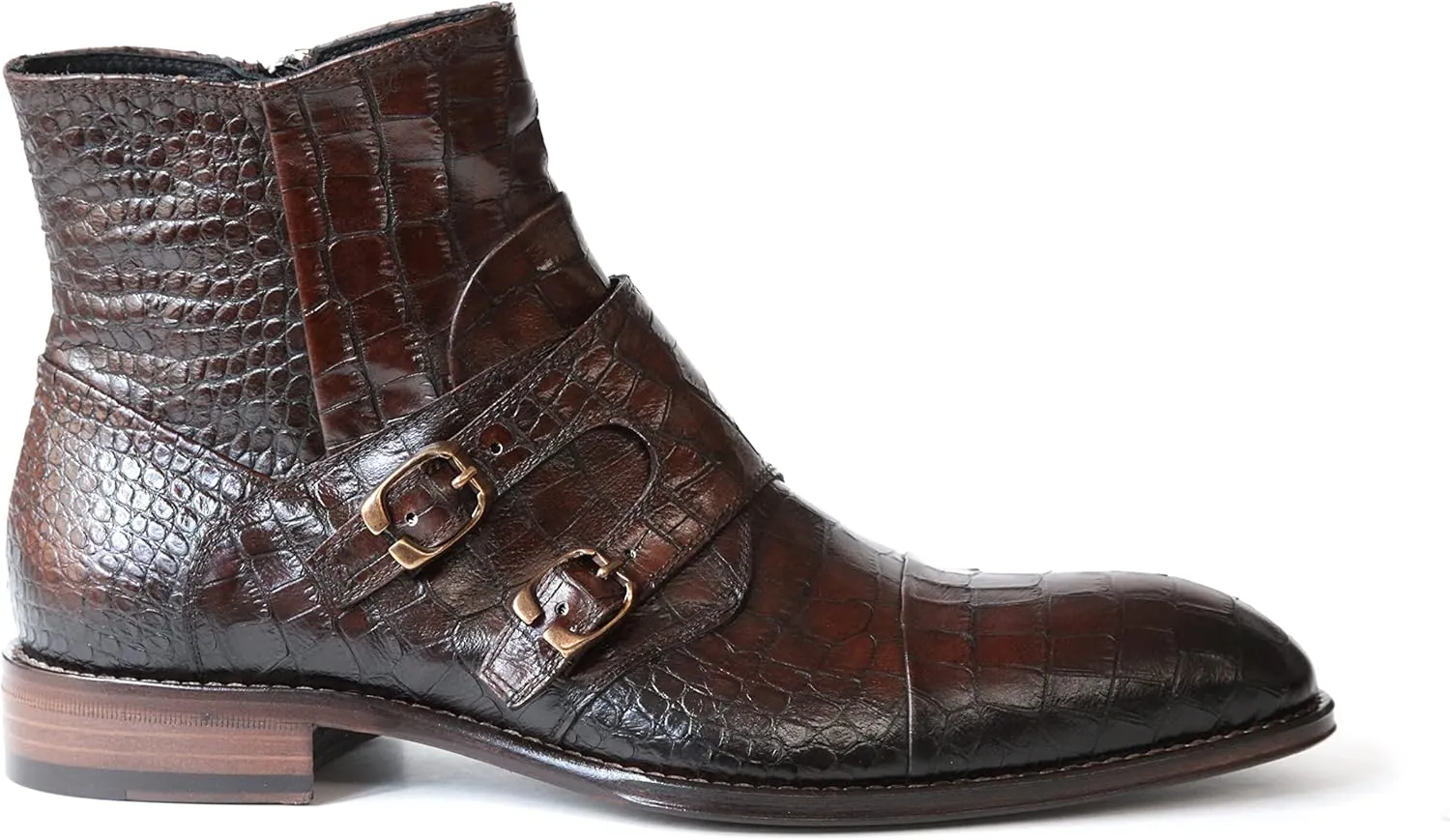 2994 Italian Brown Croco Print Leather Boot With 2 Buckles/Zipper