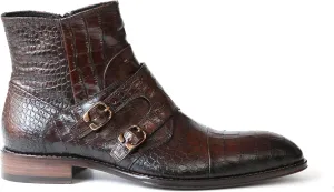 2994 Italian Brown Croco Print Leather Boot With 2 Buckles/Zipper