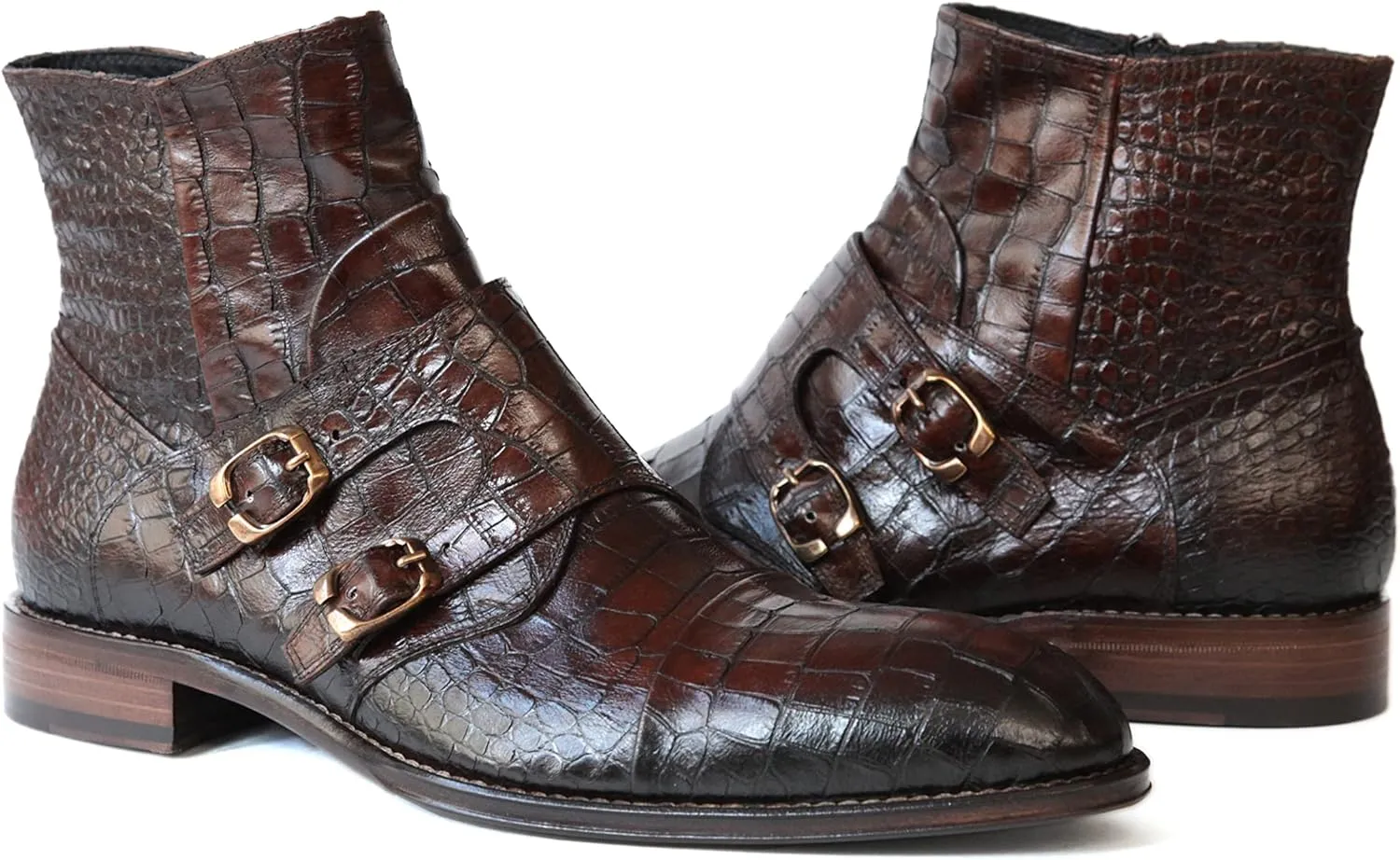 2994 Italian Brown Croco Print Leather Boot With 2 Buckles/Zipper
