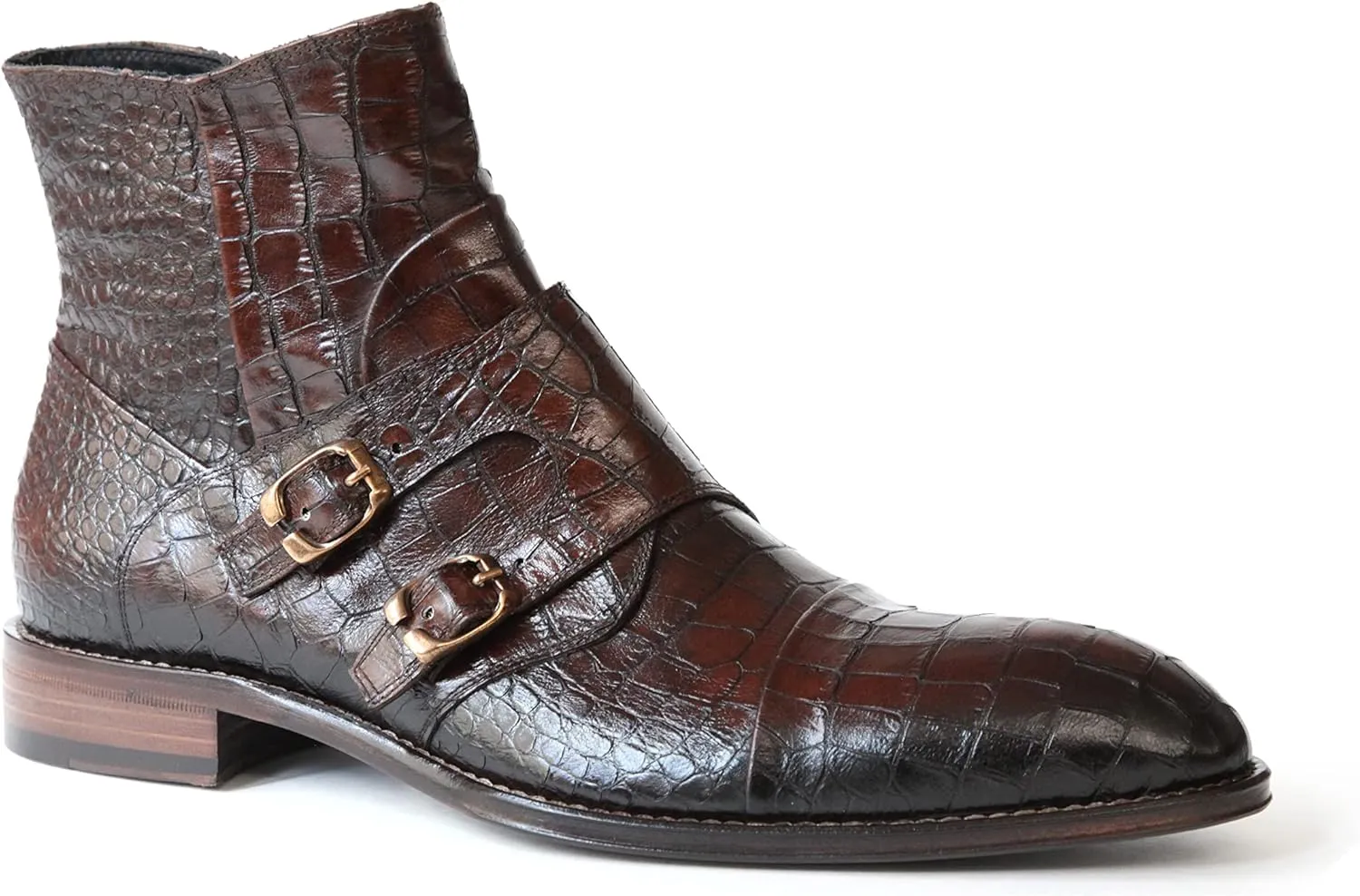 2994 Italian Brown Croco Print Leather Boot With 2 Buckles/Zipper