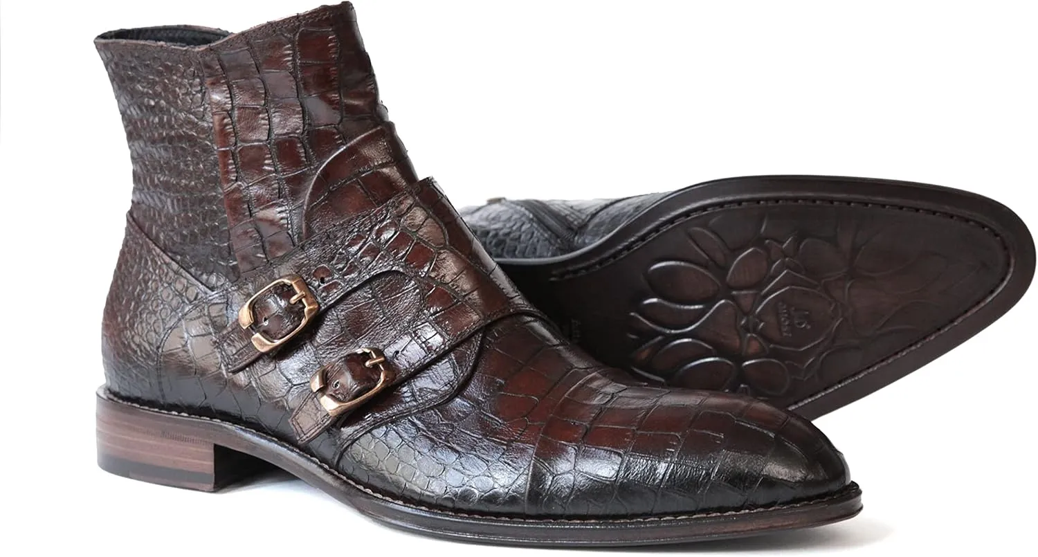 2994 Italian Brown Croco Print Leather Boot With 2 Buckles/Zipper