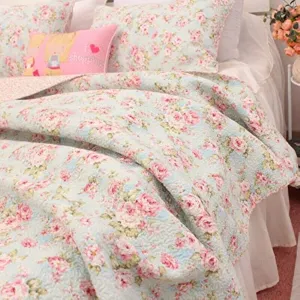 3 PCS Country Cottage Floral Bedspread Quilt Coverlet Patchwork 100% Cotton Light Blue Queen Size