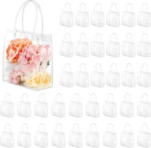 36 Pcs Small Clear Gift Bags With Handle 5.9" x 6.3" x 2.8" Reusable Party Favor Totes Mini Transparent Plastic Goodie Bags for Birthday, Baby Shower, Wedding, Holidays (6 Mils)