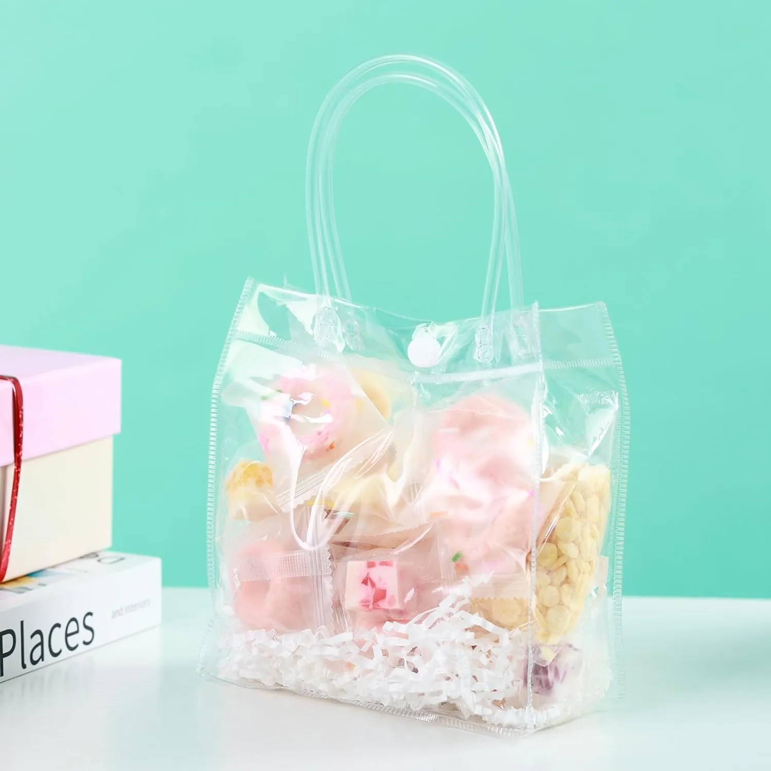 36 Pcs Small Clear Gift Bags With Handle 5.9" x 6.3" x 2.8" Reusable Party Favor Totes Mini Transparent Plastic Goodie Bags for Birthday, Baby Shower, Wedding, Holidays (6 Mils)