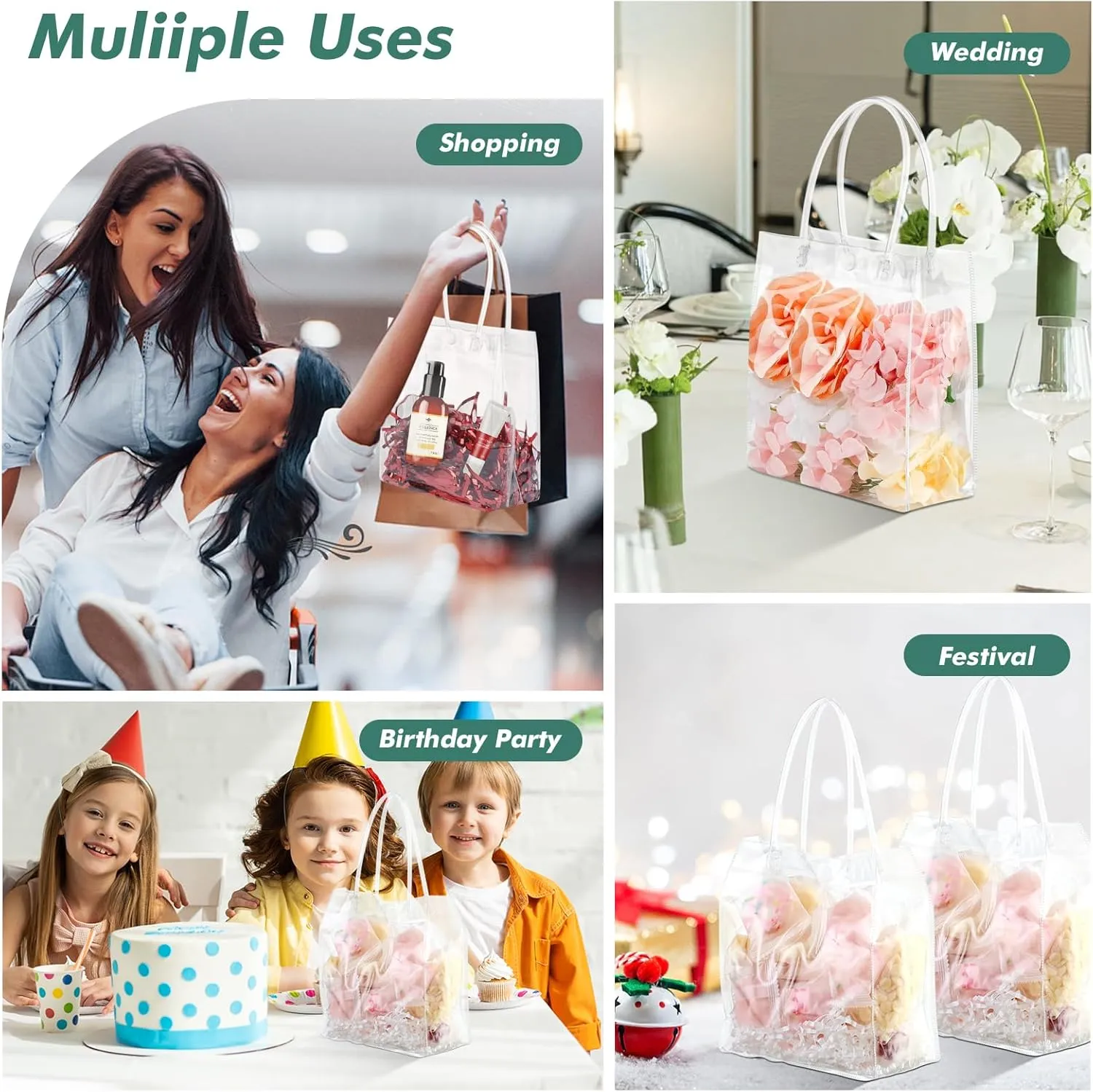36 Pcs Small Clear Gift Bags With Handle 5.9" x 6.3" x 2.8" Reusable Party Favor Totes Mini Transparent Plastic Goodie Bags for Birthday, Baby Shower, Wedding, Holidays (6 Mils)