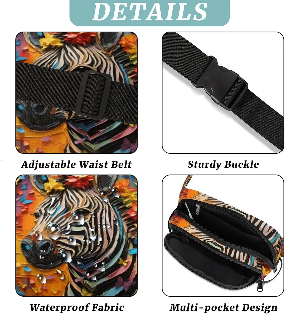 3D Oil Painting Zebra Men's and Women's Waist Pack Crossbody Animal Zebra Print Waist Pack Running Strap, Adjustable Shoulder Strap - For Hiking and Running Exercise Fitness