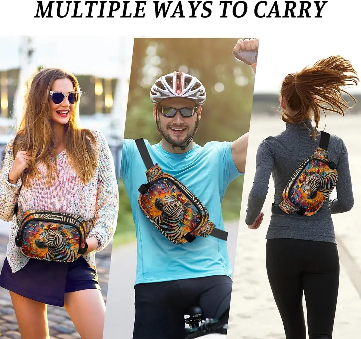 3D Oil Painting Zebra Men's and Women's Waist Pack Crossbody Animal Zebra Print Waist Pack Running Strap, Adjustable Shoulder Strap - For Hiking and Running Exercise Fitness