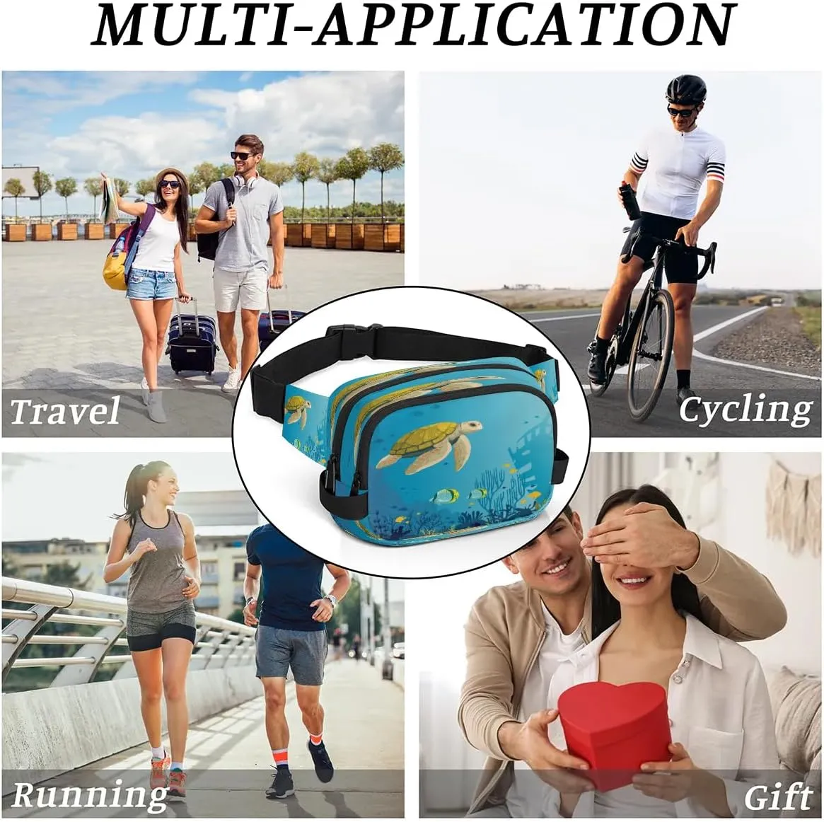 3D Underwater World Men's and Women's Waist Pack Crossbody Ocean Animal Turtle Waist Pack Running Strap, Adjustable Shoulder Strap - For Hiking and Running Exercise Fitness