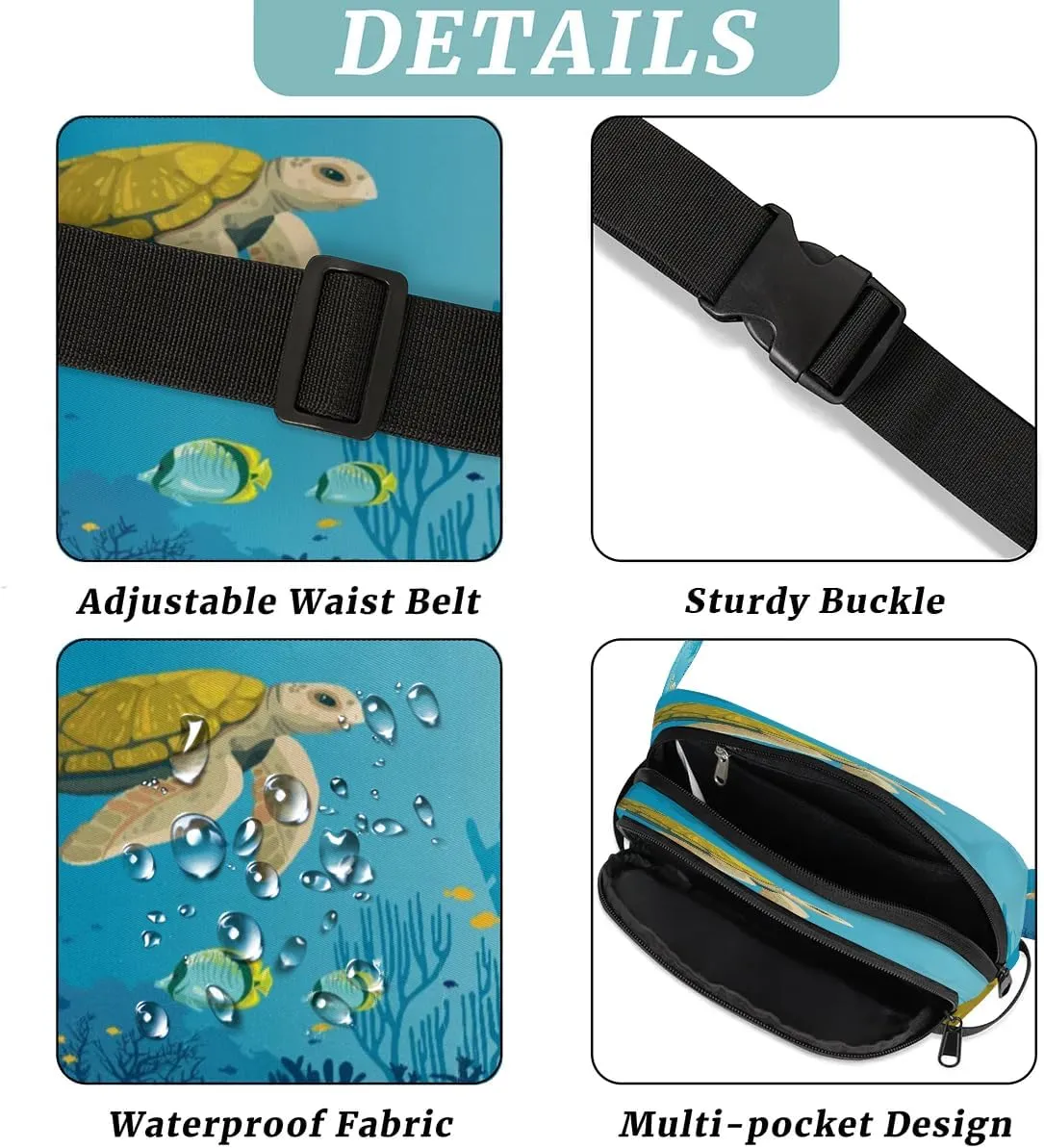 3D Underwater World Men's and Women's Waist Pack Crossbody Ocean Animal Turtle Waist Pack Running Strap, Adjustable Shoulder Strap - For Hiking and Running Exercise Fitness