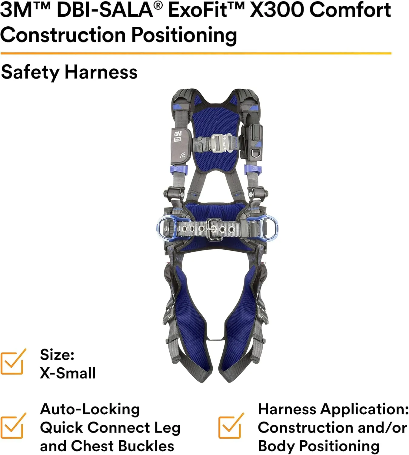 3M 1113120 DBI-SALA ExoFit X300 Comfort Construction Positioning Safety Harness, Construction Fall Protection, Aluminum Back and Hip D-Rings, Auto-Locking Quick Connect Leg and Chest Buckles, X-Small