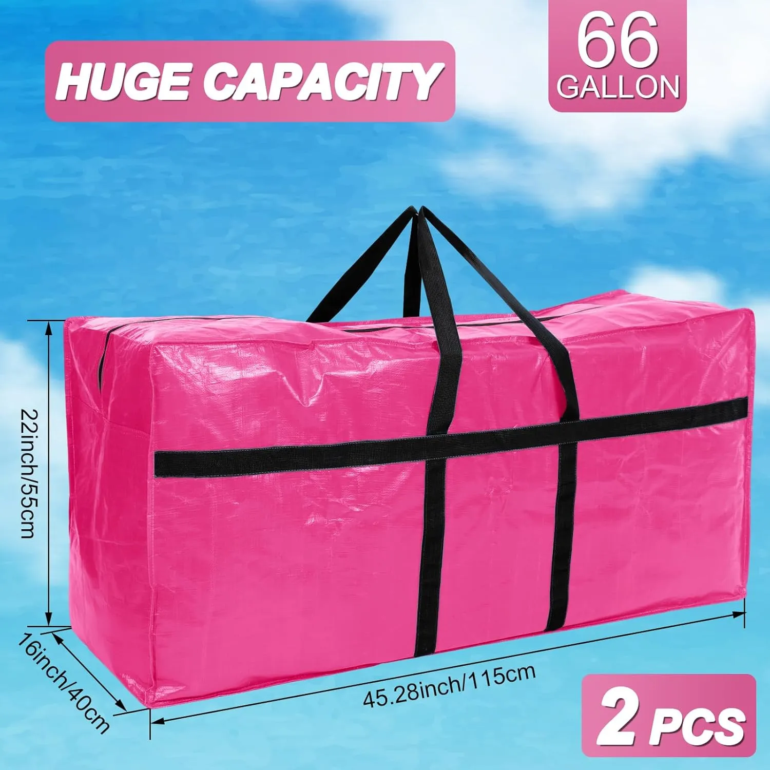 4 Pcs 66 Gallon Large Moving Bags with Zipper and Handles Foldable Storage Duffle Bags Heavy Duty Extra Large Totes for College Dorm Travel Clothes Blankets Bedding Moving(Pink)