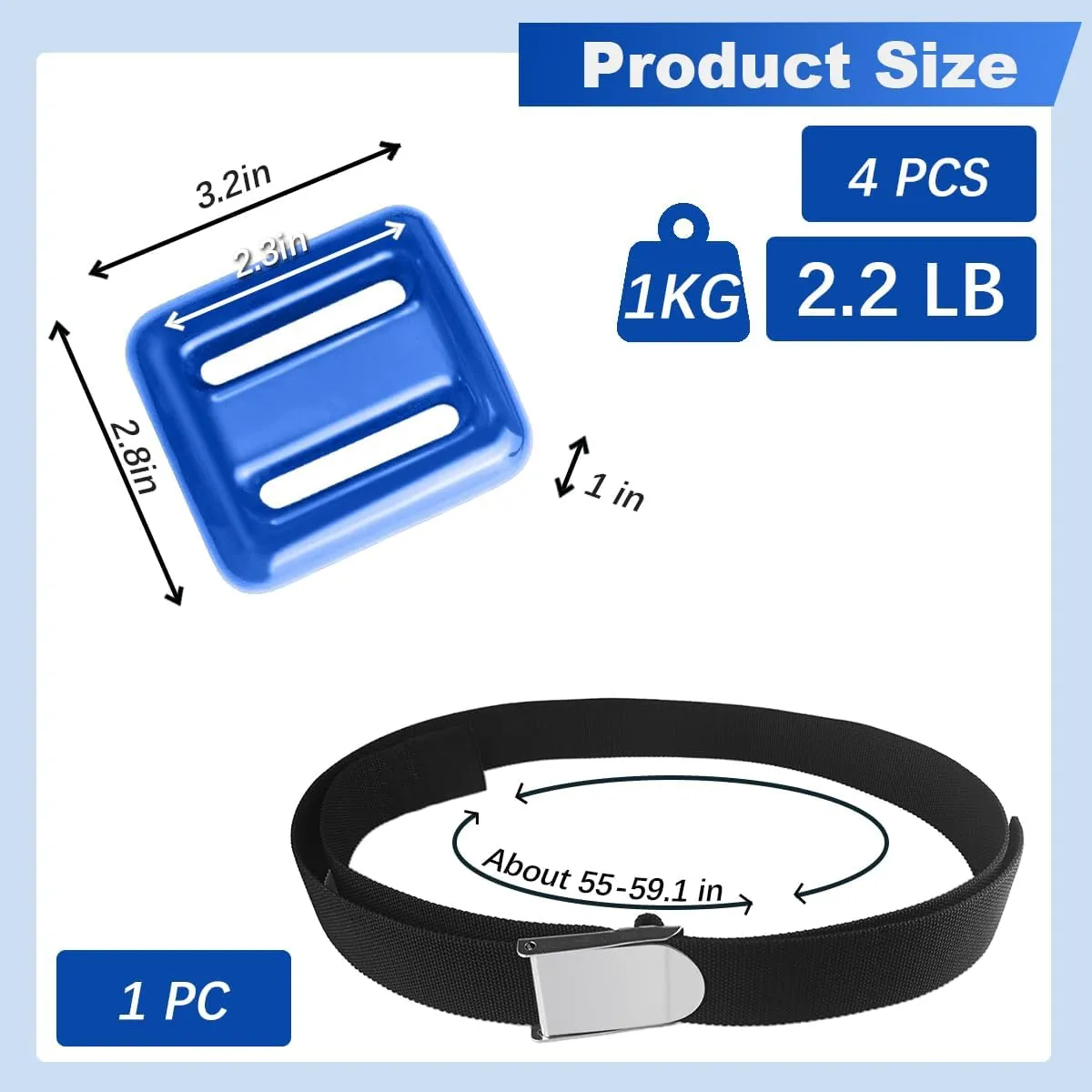 4 PCS Diving Weights, Blue Coated Diving Weight Block, Diving Weight Block with Metal Buckle Belt, Suitable for Freediving, Underwater Operations
